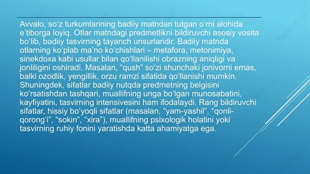 ing asosiy poydevorini tashkil qiladi. ularning har biri asarda obraz yaratish, qahramon xarakterini ochish, muallif kayfiyatini yetkazish, matnning dinamikasini belgilash va o‘quvchi hissiyotiga bevosita ta’sir ko‘rsatishda alohida funksiyaga ega. fe’l zamonlarining o‘zgarishi voqea rivojiga dramatizm bag‘ishlasa, sifatlarning bo‘yoqdorligi obrazning yorqinligini, ravishlarning turlicha ma’nolari tasvirning harakat tezliki va ruhiy fonini ko‘rsatadi. olmoshlar narratsiyaning perspektivasini belgilaydi, kuchaytirgich shakllar esa matnning ekspressiv ta’sirini oshiradi. foydalanilgan adabiyotlar 1. g‘ulomov a., shukurov r. hozirgi o‘zbek adabiy tili. – toshkent: o‘qituvchi, 2015. 2. hojiev a. tilshunoslikka kirish. – toshkent: o‘zbekiston milliy ensiklopediyasi, 2002. 3. bozorov o., rasulov b. leksikologiya va stilistika asoslari. – toshkent: universitet, 2018. 4. madvaliyev a., begmatov e. o‘zbek tilining grammatikasi. morfologiya. – toshkent: fan, 2006. 5. safarov sh. pragmatika va lingvopoetika. – toshkent: fan va texnologiya, 2012. 6. sirojiddinov s. til va badiiy matn stilistikasi. – toshkent: ma’naviyat, 2019. 7. abdurahmonov g‘., mengliyev b. o‘zbek tilining poetik sintaksisi. – toshkent: ma’naviyat, 2014. …