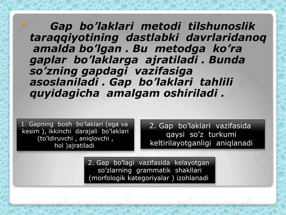 ishlatilish darajasi bir xil emas. til hodisalarining statistik xususiyati lug'aviy ma'lumotlarga asoslanadi. tillardagi so'z turkumi miqdor jihatdan o'rganilganda otlar lug'at tarkibining 50-60 %, fe'l 20-25 %, qolgan so'z turkumlari taxminan 15-20 % ni tashkil etishi aniqlangan. nemis tilidagi otlarda jins kategoriyasi borligi ma'lum. uchta jinsning bu tildagi nisbati quyidagicha: feminin jinsdagi otlar - 45 % maskulin jinsdagi otlar - 38 % neytral jinsdagi otlar - 17 % ma' no komponentlarini tahlil qilish metodi (definitsion tahlil)  keyingi yillar ichida so'zning ma'no anglatish jihatini mayda elementar ma'no anglatuvchi birliklarga bo'lib o'rganish rivojlandi. so'zning lug'aviy ma'nosini bu tarzda o'rganish tilshunoslikda ma'no koinponentlarini tahlil qilish uslubi nomini oldi.  ushbu uslub azaldan ko'p ma'noli so'zlarning o'zaro ma'nosini farqlashda leksikografiya sohasida ma'lum darajada qo'llanib kelingan.  tilshunoslar bu uslubdan xx asrning 50-60-yillariga kelib, sintaksisda ham foydalana boshladilar.  so'zning ma'nosini farqlovchi semalar yig'indisidan tashkil topadi. sema - so'zning eng kichik ma'no birligidir. masalan: ayol …