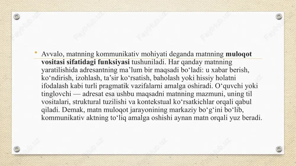 chuqurroq anglash imkoniga ega bo‘lamiz. xulosa matnning kommunikativ mohiyatini o‘rganish zamonaviy o‘zbek tilshunosligining eng muhim yo‘nalishlaridan biri hisoblanadi. chunki matn — bu faqat grammatik birliklar ketma-ketligi emas, balki ma’lum maqsad bilan yaratilgan, adresant va adresat o‘rtasidagi muloqotni ta’minlovchi murakkab nutqiy birlikdir. matnning kommunikativ tabiati u yaratilgan vaziyat, muallifning nutq niyati, adresatning qabul imkoniyatlari, kontekst, ijtimoiy-madaniy muhit bilan uzviy bog‘liqdir. shuning uchun matnni tahlil qilishda nafaqat strukturaviy, balki pragmatik, funksional va semantik yondashuvlar birgalikda qo‘llanadi. foydalanilgan adabiyotlar hojiev a. tilshunoslikka kirish. — toshkent: o‘zbekiston milliy ensiklopediyasi, 2002. komilov n. o‘zbek matnshunosligi asoslari. — toshkent: universitet, 2015. sirojiddinov s. nutq madaniyati va uslubiyat. — toshkent: fan, 2010. yo‘ldoshev m. pragmatik lingvistika asoslari. — toshkent: yangi asr avlodi, 2018. saidov s. matn lingvistikasi va diskurs tahlili. — toshkent: universitet, 2020. karimov s. matnning izchilligi va kohezion vositalar. — buxoro: bdu nashriyoti, 2017. arutyunova n.d. diskurs: lingvistik ensiklopediya maqolalari. — moskva: nauka, 1990. van …