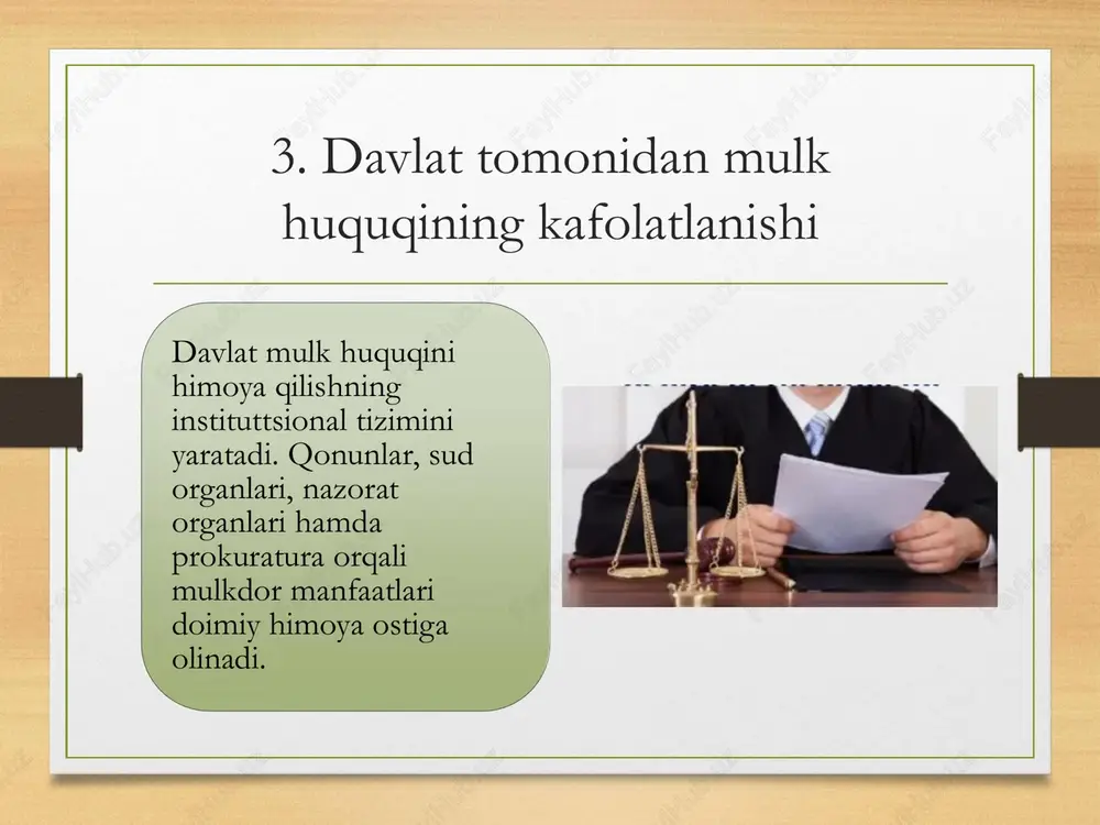 osabatda bo‘lishiga bog‘liqdir. shuningdek, mulk munosabatlaridagi shaffoflik, qonun ustuvorligi, huquqiy madaniyatning yuqoriligi jamiyatda mulk xavfsizligini yanada mustahkamlaydi. xalqaro tajriba shuni ko‘rsatadiki, mulk huquqi puxta kafolatlangan davlatlarda iqtisodiy rivojlanish tezlashadi, investorlar ishonchi ortadi va fuqarolarning farovonlik darajasi yuksaladi. shu bois, mamlakatimizda mulk huquqini institutsional va protsessual jihatdan mustahkamlash, huquqiy mexanizmlarni yanada takomillashtirish, sud tizimining samaradorligini oshirish va fuqarolarning huquqiy ongini rivojlantirish dolzarb vazifa bo‘lib qolmoqda. bunday yondashuv mulkdor huquqlarining to‘liq ta’minlanishi, iqtisodiy barqarorlik va jamiyat taraqqiyotiga xizmat qiladi. foydalanilgan adabiyotlar o‘zbekiston respublikasi konstitutsiyasi. – toshkent: o‘zbekiston, oxirgi tahrir. o‘zbekiston respublikasi fuqarolik kodeksi. – toshkent: adolat nashriyoti. “mulkchilik to‘g‘risida”gi qonun. o‘zbekiston respublikasi qonunlari to‘plami. “xususiy mulkni himoya qilish va mulkdorlar huquqlarining kafolatlari to‘g‘risida”gi qonun. – toshkent. g‘afurov k., mulk huquqining huquqiy asoslari. – toshkent: adolat, 2020. jo‘rayev a., fuqarolik huquqi: darslik. – toshkent: tdyu nashriyoti, 2021. xaitov o., protsessual huquq asoslari. – toshkent, 2019. hasanov b., fuqarolik protsessi va mulk huquqi kafolatlari. …