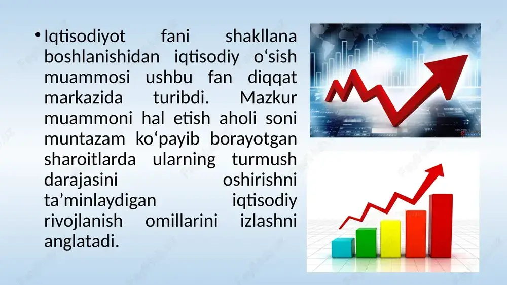 mazkur qonuniyatni siklik rivojlanishning muhim holati yoki uning ta’biri bilan aytganda “akselerator samarasi” deb, ataydi. investitsiyaga talabning tebranishini, daromadga nisbatan tebranish funksiyasi sifatida tasavvur qilishimiz mumkin. ushbu holatda investitsiyalar daromad o‘sishiga nisbatan tezroq o'sishini qayd etamiz. hisoblashlar quyidagi formula yordamida amalga oshiriladi: • iind=b x y • bu yerda: b- akseleratsiya koeffitsiyenti. samuelson-xiks modeli. • real hayotda daromad va investitsiyalaming bir- biriga o‘zaro ta’siri kuzatiladi. investitsiyalar dastlabki “inyeksiya” (muolaja) sifatida multiplikator samarasi hisobiga yalpi ichki mahsulotning, buning mantiqiy davomi sifatida esa, jamiyat miqyosida investitsiyalashga moyillikning o‘sishini keltirib chiqaradi. bu esa akselerator samarasi evaziga iqtisodiy o‘sish sur’atlarini oshiradi. shu tariqa, multiplikator samarasini akselerativ samara bilan birlashtirish multiplikator- akselerator samarasini beradi multiplikator-akselerator samarasi o‘zini o‘zi tartibga soluvchi iqtisodiy tizimda yuz beradigan siklik tebranishlaming tuzilishini yaqqol ko‘rsatib beradi. bugungi kunda iqtisodiy o‘sish ta’limoti • innovatsion iqtisodiy o‘sish dolzarb ahamiyat kasb etmoqda. innovatsion iqtisodiy o‘sish bozor munosabatlari tizimida tadbirkorlik tashabbuskorligiga, • ftt va tashkiliy-iqtisodiy …