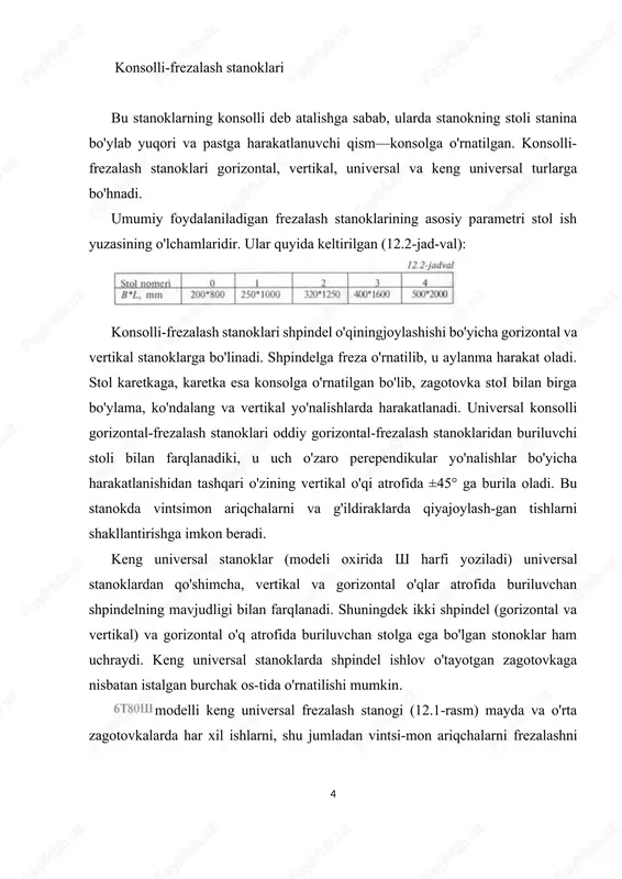 aning yuqori qismi biroz o'zgartirilib, unga shpindel kallagi o'rnatilgan bo'ladi. shpindel vertikai o'qli. ba'zi stanoklarda shpindel kallagi gorizontal o'q atrofida burilishi mumkin. shunday qilib, konsolli-frezalash stanoklari quyidagi variantlarda chiqariladi: gorizontal (modellari 6r80g, 6r81g, 6r82g, 6r83g,... 6t82,..); vertikal (modellari 6p10, 6pu,6p12, 6p13, 6p12b, 6mnk,...); universal (modellari 6p80, 6p81, 6p82, 6p83,..); keng universal (mode!iari 6r80sh, 6r81sh, 6r82sh, 6r83sh, 6t80sh,...). konsolsiz, bo'ylama-frezalash va uzluksiz harakatdagi frezalash stanoklari konsolsiz vertikal-frezalash (yoki krest stolli vertikal-frezalash) stanoklari yirik zagotovkalarni katta kesimli qirindi olib ishlov berish-da foydalaniladi. konsolsiz stanoklar katta quvvatga, shpindelning yuqori chastotalarda aylanishi va stolning katta miqdordagi surishlariga ega. shpindel babkasi staninaning yo'naltiruvchilari 7 bo'yicha vertikal yo'nalishda harakatlantiriladi. ba'zi stanoklarda shpindelning o'qi burchak ostida o'rnatilishi mumkin. stol gorizontal tekislikda ikki o'zaro perependikularyo'nalishda harakatlanadi. stolning kengligi 630, 800 va 1000 mm. 6a59 model!i vertikal-frezalash stanogida (12.2-rasm) har xil frezalash ishlaridan tashqari frezalash kallagining vertikal surilishi yordamida oddiy parmalash va teshik kengaytirish ishlarini ham bajarish mumkin. bo'ylama-frezalash …