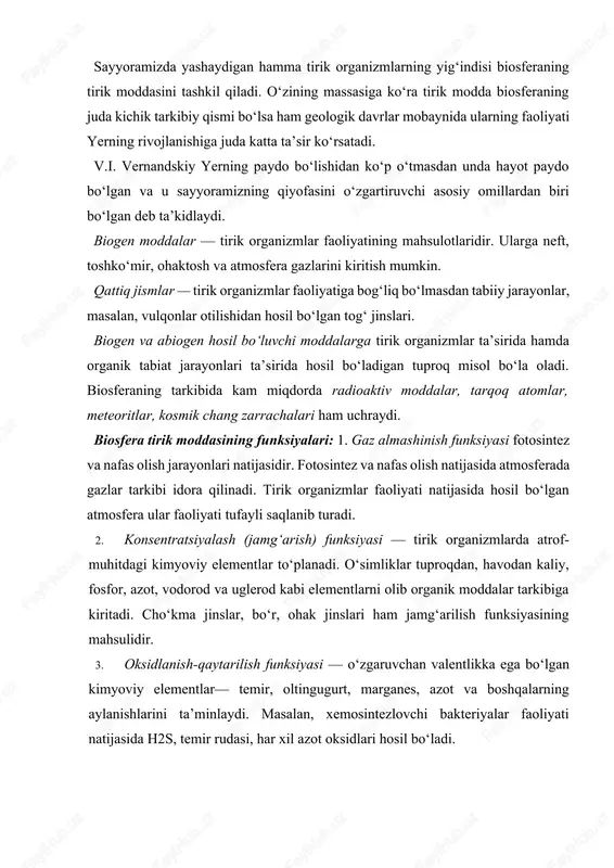 . ekvator biotsenozlarida yashash joyi, oziq-ovqat, yorug‘lik, kislorod uchun kuchli raqobat kuzatiladi. inson ta’sirida biomassa hosil bo‘ladigan maydonlar keskin o‘zgaradi. quruqlik yuzasining asosiy qismini tuproq biogeotsenozlari egallaydi. tuproq biogen va abiogen usulda hosil bo‘ladi, u anorganik va organik moddalardan tashkil topadi. biosferadan tashqari tuproqning hosil bo‘lishi mumkin emas. tog‘ jinslariga mikroorganizmlar o‘simlik va hayvonlarning ta’sirida yerning tuproq qatlami asta-sekin shakllanadi. organizmlar tarkibida to‘plangan biogen elementlar ular o‘lganidan keyin yana tuproq tarkibiga o‘tadi. tuproqda kechadigan jarayonlar moddalarning biosferadagi davriy aylanishining tarkibiy qismidir. odamning xo‘jalik faoli- yati tuproq tarkibining o‘zgarishiga, undagi mikroorganizmlar nobud bo‘lishiga olib kelishi mumkin. okean biomassasi. suv biosferaning muhim tarkibiy qismla- ridan bo‘lib, tirik organizmlarning yashashi uchun eng zarur omillardan biri hisoblanadi. suvning asosiy qismi okean va de- ngizlarda. okean va dengiz suvlari tarkibiga 60 ga yaqin kimyo- viy elementlardan tashkil topgan mineral tuzlar kiradi. organizmlar hayoti uchun zarur bo‘lgan kislorod va karbonat angidrid gazlari suvda yaxshi eriydi. suvdagi …