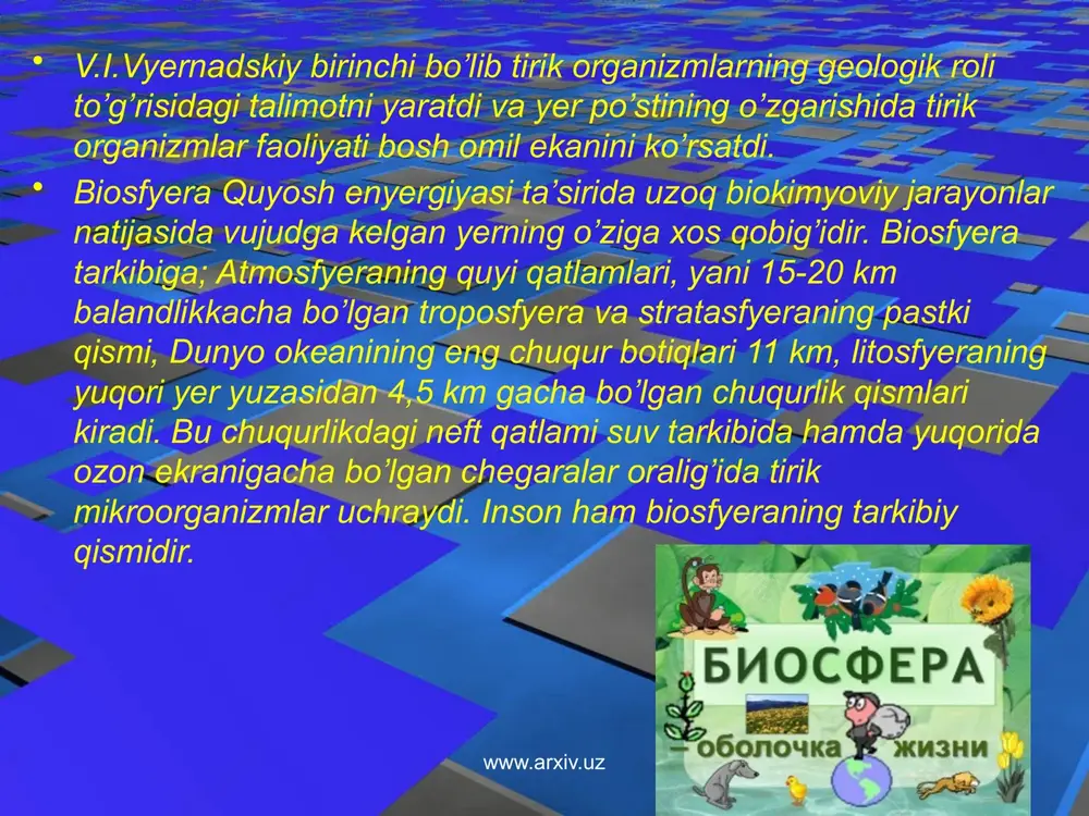 ngi sathi esa daraxtning bargi, shoxidir,eng yukori satxi –daraxtning o’zidir. biosfera ancha murakkab va yuksak darajada tashkil etilgan tizim bo’lib hisoblanadi. a.m.ivlyov (1986) bo’yicha tizimni faoliyati bu tashqi muhit ta‘siriga javoban, tizimda paydo bo’ladigan reaktsiyalar yig’indisi bo’lib, tizimni ichki xususiyatlari o’zgarishiga uni o’zining rivojlanishi olib keladi. bizningcha, a.m.ivlev qarashlarida ko’p chalkashliklar bor. www.arxiv.uz www.arxiv.uz birinchidan, tizim mavjudligi va faoliyatini olsak, ekotizim faoliyat qilmasdan oddiygina mavjud bo’lishi mumkin emas, faoliyat ko’rsatmasa ekotizim mavjudligini yo’qotadi. ikkinchidan ekotizimda tashqi ta‘sirga javoban reaktsiya paydo bo’lishini asoslab berish mumkin emas. iqlim, quyosh energiyasi, to’proq, jinslar, relef va boshqalarni tashqi omillar deb qarash mumkin. lekin bu omillarni biz ekotop (biotop) ga beogeotsenozni bir qismi sifatida birlashtiramiz. biogeotsenoz yoki ekotizimga nisbatan ular nafaqat tashqi balki ichki omil hisoblanadi. faraz qilaylik bu omillar ekotizimga ta‘sir qilmay qo’ysa nima bo’ladi? ma‘lum bir vaqt ekotizim faoliyatini davom etkazadi, masalan o’txo’r hayvonlar o’simlik qoldiqlaridan, yirtqich-konsumentlar esa, ular bilan oziqlanadi. shunday qilib …