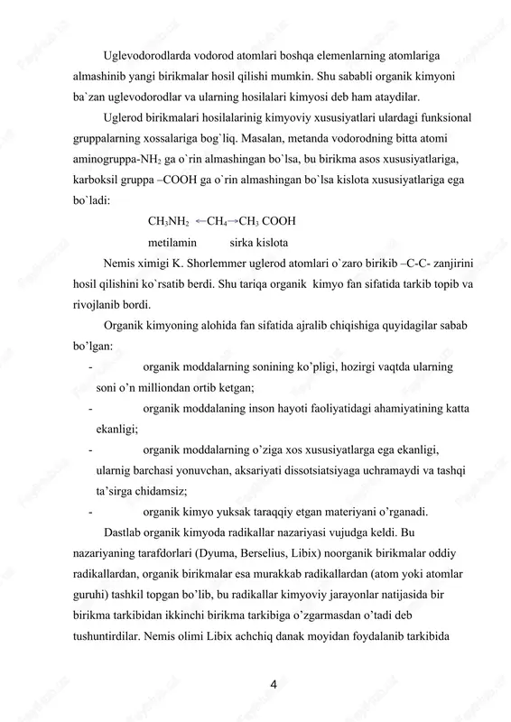 a, noorganik birikmalar bilan organik birikmalarni tuzilishlari o’rtasida muayyan o’xshashlik bor. bu o’xshashlik ularning kimyoviy xossalarida ham aks etadi. shunday qilib, dastlab to’rtta, vodorod xlorid, suv, ammiak va metan tiplari yaratildi. suvning tipiga barcha kislorod saqlovchi organik birikmalar kiritildi. tiplar nazariyasi sun’iy va zo’rma-zo’rakilik bilan xix asr o’rtalarida boshlangan katta tajribalar natijasida olingan moddalarni sinflashga imkon berdi. lekin bu nazariya organik birikmalarning yangi sinflari mavjudligini va ularni olish usullarini oldindan aytib berishga ojizlik qildi. organik kimyoning keyingi taraqqiyoti tubdan yangi nazariya yaratishni taqozo etar edi. xix asrning 60 yillariga kelib organik kimyoda katta boy materiallar to’plangan edi, nemis kimyog’arlari kekule va kolbelar shotlandiyalik olim kuper bilan bir vaqtda uglerodning to’rt valentliligini, uning o’z-o’zi bilan, metall va metallmaslar bilan ochiq yoki yopiq zanjir hosil qilib birika olishligini, bunda u o’zining bir, ikki, yoki uch valentliligini sarflashini isbotladilar. ko’per kimyoviy birikmalardagi bog’lanishni chiziqcha bilan ifodalashni taklif etadi. 1858 yildan boshlab a.n. butlerov …