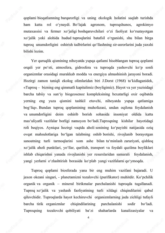 k.d.glinka, g.iyenni, f.dyushofur va boshqa mashhur olimlar ilmiy faoliyati tufayli shakllangan. tuproq paydo bo‘lish jarayoni haqidagi ta‘limotning hozir gi zamon da rivojlanishida i.p.gerasimov, v.a.kovda, b.p.polinov, i.v.tyurin, a.a.rode, s.p.yarkov va boshqa tadqiqotchilarning xizmatlari nihoyatda katta rol o‘ynaydi. tuproq paydo bo‘lishi nihoyatda murakkab biofizik-kimyoviy jarayondir. a.a.rodening ko‘rsatishicha, tuproq paydo bo‘lish jarayoni deb moddalar va energiyaning tuproq qatlamida o‘zgarishi va harakati singari hodisalar yig‘indisiga aytiladi. tuproq paydo bo‘lishi yaxlit qoya tog‘ jinslarida yoki ularning suv, muz, shamol, gravitasion (bir-birini tortish xususiyati) ta‘sirida nurashi va qayta yotqizilishidan hosil bo‘lgan mahsulotlari ustida tirik organizmlarning paydo bo‘lishi paytidan boshlanadi.birlamchi tuproq paydo bo‘lish jarayoni jarayonning birinchi davrlarida qoya tog‘ jinslari, magmatik yoki cho‘kindi tog‘ jinslarida, aslini olganda nurash jarayoni bilan birgalikda sodir bo‘ladi va zich qoya jinsda shakllanayotgan tuproq moddiy jihatdan nurash po‘sti bilan birgalikda vujudga keladi. keyinchalik yer yuzasi rivojlanishining ko‘proq yetilgan bosqichlarida nurash va tuproq paydo bo‘lish jarayonlari makon va vaqt ichida bir-biridan ajraladi, tuproq …