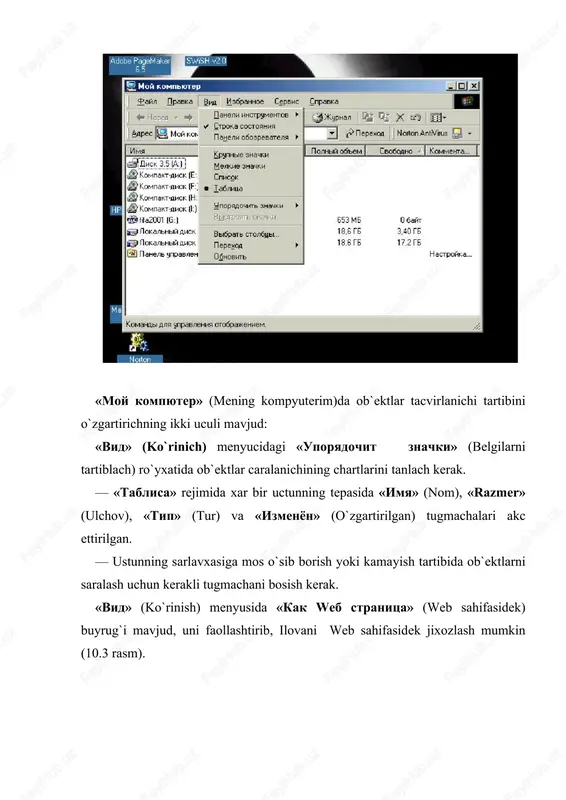 ar mazkur ilova tomonidan bir yo`la tuzatib ketiladi. «provodnik» (boshlovchi) ilovasi bilan ishlash «provodnik» (boshlovchi) ilovasi windows operasion tizimi standart dasturlari tarkibiga qiruvchi dastur bo`lib, disk va fayllar bilan ishlashni osonlashtirish uchun xizmat qiladi. «provodnik» (boshlovchi) ilovasida kompyuterdagi mavjud axborotlarning faylli strukturasini daraxt shaklida qurish mumkin. «provodnik» (boshlovchi) ilovasi «moy kompyuter» (mening kompyuterim) ilovasiga o`hshash bo`lib, faqat «servis» (xizmat ko`rsatish) menyusi mavjudligi bilan farq kiladi. «provodnik» (boshlovchi) menyusida quyidagi bo`limlar mavjud(10.5-rasm): fayl, pravka, vid, perexod, izbrannoe, servis, spravka. «servis» (xizmat ko`rsatish) menyusi yordamida fayllarni qidirish mumkin. bu amal «pusk» tugmachasi orqali chiqariladigan «poisk» (qidirish) opsiyasida ham bajariladi. mazkur menyuda tarmoq diskini ulash va olib tashlash amallari xam bajariladi. boshqa dasturlar kabi «provodnik» dasturi ham o`zining oynasiga yopish, o`lchamini o`zgartirish, yashirish tugmalari hamda o`z menyusiga ega. oyna ikki: o`ng va chap bo`laklardan iborat. chap bo`lakda disk va jildlar ro`yxati, o`ng bo`lakda esa chap bo`lakdan tanlangan ob`ektlar ichida mavjud jild va fayllar …