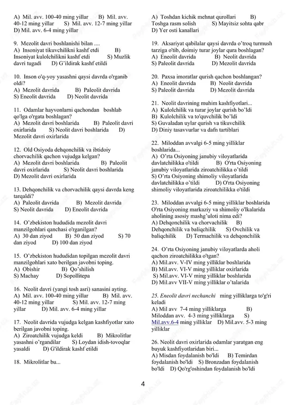 malar b) qadimiy tosh'qurollari s) qadimiy qoya rasmlari d) qadimiy dafn tartiblari 2-variant 1. so'nggi paleolit davri sanalarini ayting. a) mil. avv. 100-40 ming yillar b) mil. av. 40-12 ming yillar s) mil. avv. 12-7 ming yillar d) mil. avv. 6-4 ming yillar 2. so’nggi paleolit davrida...... yashagan. a) neandertallar b) kromanyonlar s) sinantroplar d) pitekantroplar 3. so’nggi paleolit davri odami manzilgohlari quyidagi qaysi hududdan topilmagan? a)samarqand shahri hududidan b)toshkent viloyati ko’lbuloq mavzeidan s)farg'ona vodiysidan d)buxoro viloyatl qorako’l tumanidan 4. odamlar qachaon ancha takomillashgan kesuvchi, arralovchi va parmalovchi mehnat qurollari yasaydigan bo’lishgan? a)taxminan 30-35 ming yil oldin b)taxminan 15-20 ming yil oldin staxminan 25-30 ming yil oldin d)taxminan 20-25 ming yil oldin 5. inson qachondan boshlab taqinchoqlar - munchoqlar, tumorlar va uzuklar yasay boshladi? a) bundan 25-30 ming yil avval b) bundan 15- 20 ming yil avval s) bundan 30-35 ming yil avval d) bundan 10-15 ming yil avval 6. …