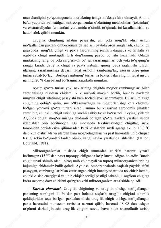 damida o‘simlik to‘qimalarini kasallantirishi va hatto halok qilishi mumkin. urug‘lik chigitning sifatini pasayishi, uni yoki urug‘lik olish uchun mo‘ljallangan paxtani omborxonalarda saqlash paytida oson aniqlanadi, chunki bu jarayonda urug‘lik chigit va paxta haroratining sezilarli darajada ko‘tarilishi va oqibatda chigit murtagida turli dog‘larning paydo bo‘lishi kuzatiladi. odatda murtakning rangi oq yoki sarg‘ish-ok bo‘lsa, zararlanganlari och yoki to‘q qung‘ir rangga kiradi. urug‘lik chigit va paxta nisbatan quruq joyda saqlanishi tufayli, ularning zararlanishiga deyarli faqat osmofil zamburug‘lar, asosan aspergillus turlari sabab bo‘ladi. boshqa zamburug‘ turlari va bakteriyalar chigitni faqat nisbiy namligi 20 % dan baland bo‘lsagina zararlashi mumkin. ayrim g‘o‘za turlari yoki navlarining chigitda mog‘or zamburug‘lari bilan zararlanishga nisbatan chidamlilik xususiyati mavjud bo‘lib, bunday navlarda urug‘lik chigit sifatining pasayishi kam bo‘ladi yoki uchramaydi. bular jumlasiga chigitning qobig‘i qalin, suv o‘tkazmaydigan va mog‘orlanishga o‘ta chidamli bo‘lgan yovvoyi g‘o‘za turlari kiradi, ammo bu xususiyat agronomik jihatdan zararlidir, chunki u chigit unishiga kuchli salbiy ta’sir ko‘rsatadi. …