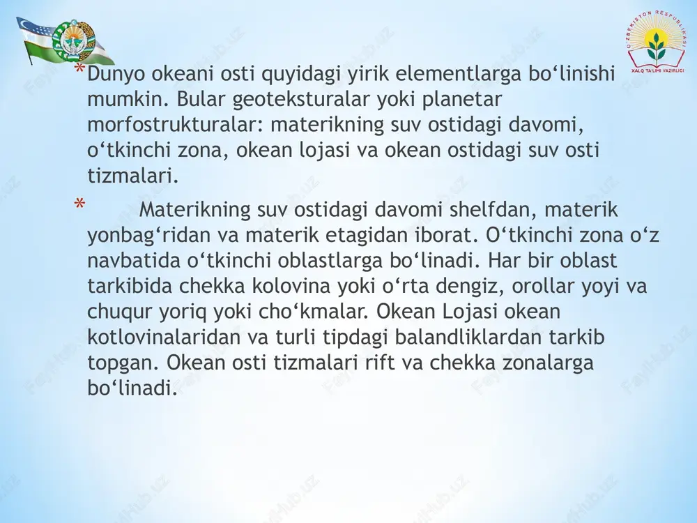 o‘tishi aniqlangan. tinch okeanining g‘arbiy chekka qismlari bering dengizidan to yangi zellandiyagacha materikning chekka qismlari va okean lojasi orasida keng polosada o‘tkinchi zona bor. bu zona cheka dengizlarning chuqur kotlovinalaridan iborat. kotlovinalar suv osti tizmalari bilan chegaralangan. vulkanik orollar, orollardan yoyi hamda tor, juda chuqur cho‘kmalardan iborat. bunday cho‘kmalarda okeanning eng chuqur yerlari tarqalgan. orollar yoyi bilan ajralib turadigan dengizlar chuqur, osti notekis, suv osti tog‘lari, balandliklari, tepaliklari ko‘p. ba‘zi dengizlarni osti tekis, cho‘kinlarning qalinligi 2 – 3 km dan oshadi. orollar yoyi – suv osti tizmalaridan iborat, ularda vulkanlar bor. harakterli tomoni shundaki harakatdagi vulkanlarning suv ustida ko‘tarilib, orollarni hosil qilgan. masalan kuril orollari. * yana shunday o‘tkinchi oblastlar borki bunda bitta emas bir qancha orollar yoyi bo‘ladi. masalan, sulavemi va xalmagera, yapon orollari yoyi. * o‘tkinchi zonaning muhim geografik va geologik xususiyatlari vulkan harakatlari bilan bir qatorda yuqori darajada seysmikligidir. bunday joylarda yer qimirlash uchoqlari (efitsentri)ning uchala chuqur, …
