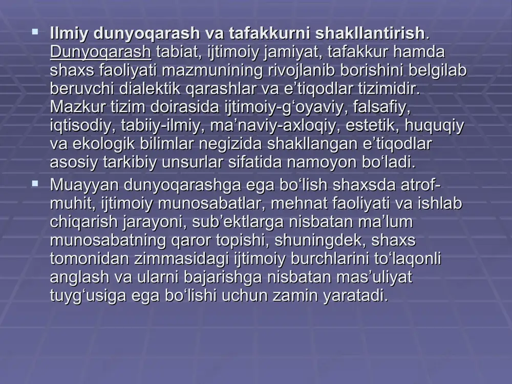 eruvchi yuqori malakali kadrni tarbiyalash davlat siyosatining ustuvor yo‘nalishlaridan biri ekanligiga urg‘u beriladi. yuksak ma’naviy va axloqiy ustuvor yo‘nalishlaridan biri ekanligiga urg‘u beriladi. yuksak ma’naviy va axloqiy talablarga javob beruvchi yuqori malakali kadr bo‘lib etishish mavjud ilmiy, talablarga javob beruvchi yuqori malakali kadr bo‘lib etishish mavjud ilmiy, shuningdek, kasbiy bilimlarni puhta egallash demakdir. binobarin, chuqur bilimlarga shuningdek, kasbiy bilimlarni puhta egallash demakdir. binobarin, chuqur bilimlarga ega bo‘lish tabiiy hamda ijtimoiy jarayonlarning mohiyatini anglash, ularning ijobiy va ega bo‘lish tabiiy hamda ijtimoiy jarayonlarning mohiyatini anglash, ularning ijobiy va salbiy jihatlarini ko‘ra va baholay olishga imkon beradi.salbiy jihatlarini ko‘ra va baholay olishga imkon beradi.  aqliy tarbiya o‘quvchilarni ilm-fan, texnika, texnologiya hamda ishlab chiqarish aqliy tarbiya o‘quvchilarni ilm-fan, texnika, texnologiya hamda ishlab chiqarish sohalarida qo‘lga kiritilayotgan yutuqlar bilan tanishtirish, ularda ijodiy, erkin, mustaqil sohalarida qo‘lga kiritilayotgan yutuqlar bilan tanishtirish, ularda ijodiy, erkin, mustaqil fikrlash ko‘nikmalarini hosil qilishga zamin yaratadi.fikrlash ko‘nikmalarini hosil qilishga …