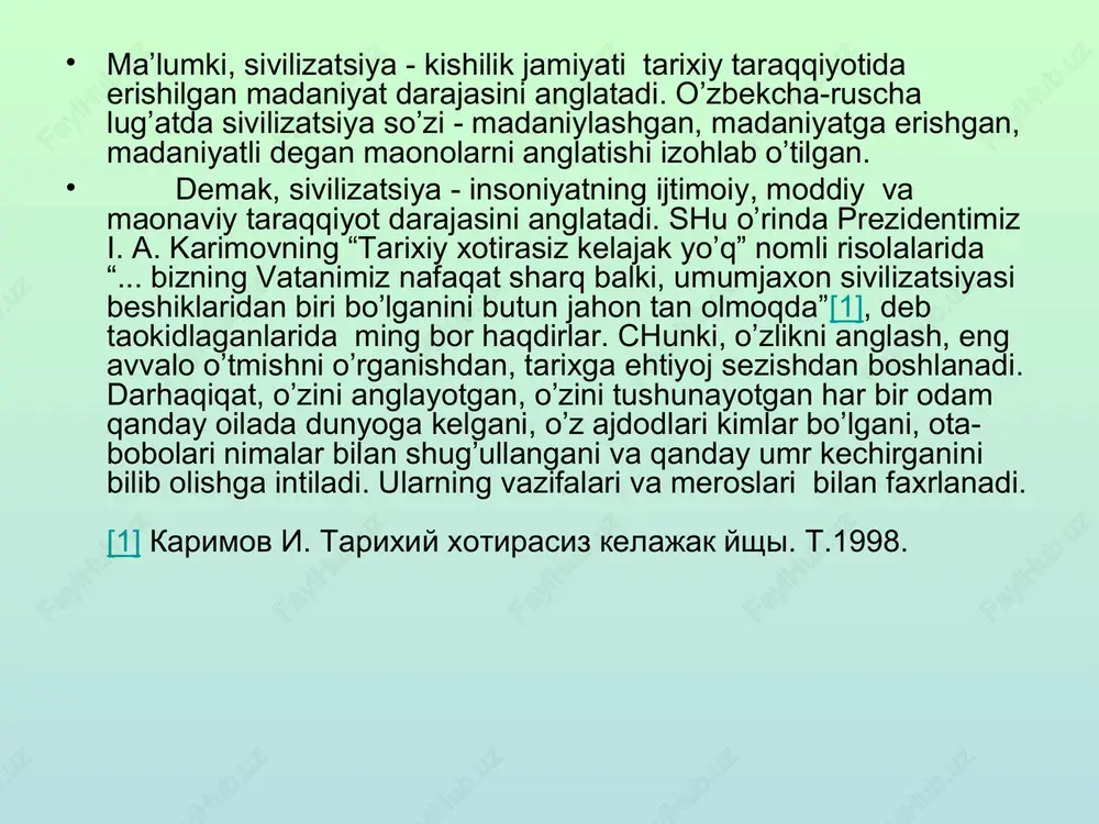 mning paydo bo’lishi haqida ilmiy fikrlarni bayon qilganlar. xitoy, yunon olimlari miloddan avvalgi vi-v asrlardayoq odamning kelib chiqishi tamomila tabiiy hodisa deb taoriflashga uringanlar. 1956-1960 yillarda ingliz olimi liki sharqiy afrikadagi olduvay darasidan odamsimon maymunlarning qoldiqlarini topdilar. olim bu topilmalarga asoslanib u bundan 1 million 750 ming yil ilgarigi deb taokidlaydi. likining o’g’li richard keniya va efiopiyada qazishma ishlarini olib borib ko’plab odamsimon maymunlarning qoldiqlarini topdi. ularni bundan 2,5-3 million yil ilgari yashagan degan xulosaga keldi. juda ko’plab olimlarning fikricha, afrikadagi bu topilmalar er yuzasidagi eng qadimgi odamlarning dastlabki vakillari hisoblanib, olimlar bu topilmalarga shartli ravishda zijantrop deb nom berdilar. uzoq vaqt davom etgan rivojlanish jarayoni natijasida odam hayvondan ajralib chiqqan. 1891-1892 yillarda gollandiyalik olim dyubua indoneziyaning yava orolidan maymun-odamning (pitekantrop) suyak qoldiqlarini topishga muvaffaq bo’ldi. bu topilmalarning yoshi 1,5 million yil deb taxmin qilindi. eng qadimgi odam qoldiqlari xitoy odami - (sinantrop), shuningdek, germaniyaning geydelpberg, vengriyaning budapesht shahri yaqinidan …