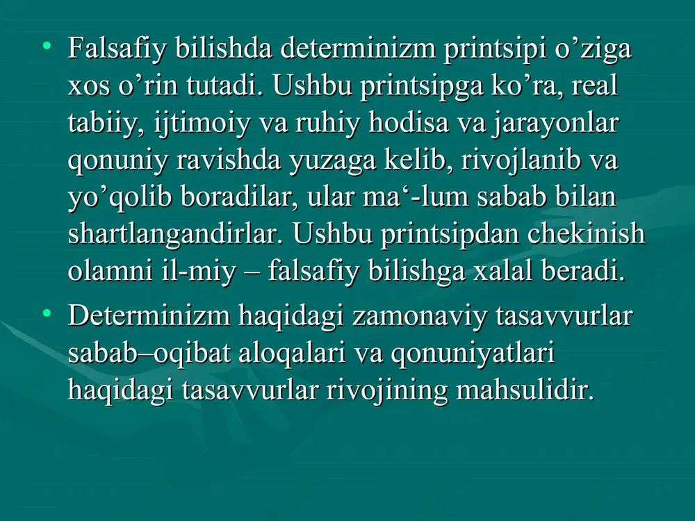 ladi; natijada elektrostantsiyalar-da ishlatiladigan ko’mir ishlab natijada elektrostantsiyalar-da ishlatiladigan ko’mir ishlab chiqarish kengayadi; mutanosib tarzda atmo-sferadagi zaharli chiqarish kengayadi; mutanosib tarzda atmo-sferadagi zaharli chiqindilar miqdori oshib boradi; trubalardan chiqadi-gan gaz chiqindilar miqdori oshib boradi; trubalardan chiqadi-gan gaz havodagi kislorod bilan birlashib, sulfat kislotasi hosil qiladi; havodagi kislorod bilan birlashib, sulfat kislotasi hosil qiladi; ushbu kislota yomg’ir sifatida zaminga qaytib tuproqning ushbu kislota yomg’ir sifatida zaminga qaytib tuproqning ifloslanishiga va o’rmonlarning halok bo’lishiga olib keladi.ifloslanishiga va o’rmonlarning halok bo’lishiga olib keladi. • olam mukammalroq o’rganib borilgani sari, olam mukammalroq o’rganib borilgani sari, insonlarning sabab va oqibat o’rtasidagi insonlarning sabab va oqibat o’rtasidagi aloqadorlik xususidagi tasavvurlari ham aloqadorlik xususidagi tasavvurlari ham kengaydi. ush-bu aloqadorlikning yangi kengaydi. ush-bu aloqadorlikning yangi shakllari aniqlanishi sababiyat qonuniyatlari shakllari aniqlanishi sababiyat qonuniyatlari haqidagi bilimlarni yanada boyitdi. sabab va haqidagi bilimlarni yanada boyitdi. sabab va oqibat o’rtasidagi o’zaro ta‘-sir g’oyalarining oqibat o’rtasidagi o’zaro ta‘-sir g’oyalarining yuzaga kelishi ayniqsa …