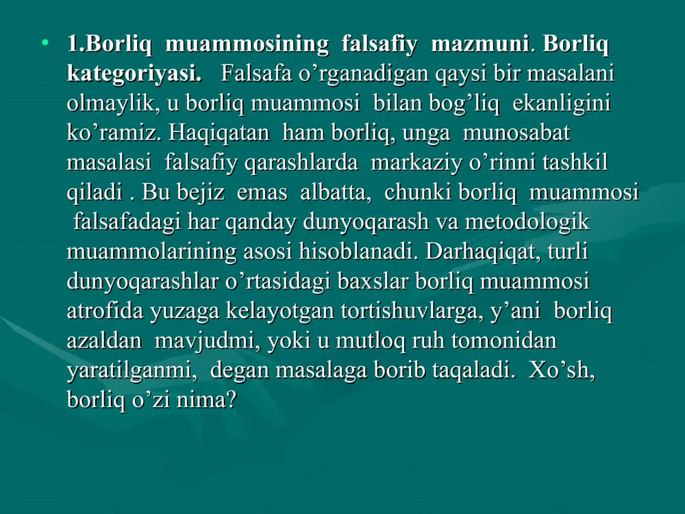 alar, er, suv, havo, binolar, mashinalar, aks sado, kamalak, ko`zgudagi aks va sh.k.)dir. ko`zgudagi aks va sh.k.)dir. • birlamchi tabiat borlig`i ikki darajani o`z ichiga oladi.birlamchi tabiat borlig`i ikki darajani o`z ichiga oladi. • birinchi daraja jonli ruhsiz jismlardan, ya’ni ko`payish qobiliyatiga birinchi daraja jonli ruhsiz jismlardan, ya’ni ko`payish qobiliyatiga ega bo`lgan, atrof muhit bilan moddalar va energiya ega bo`lgan, atrof muhit bilan moddalar va energiya almashinuvini amalga oshiradigan, lekin ongga ega bo`lmagan almashinuvini amalga oshiradigan, lekin ongga ega bo`lmagan barcha narsalar, ya’ni sayyoramiz hayvonot va o`simliklar barcha narsalar, ya’ni sayyoramiz hayvonot va o`simliklar dunyosini o`z ichiga olgan butun biosferadan iborat. dunyosini o`z ichiga olgan butun biosferadan iborat. • ikkinchi daraja – bu inson va inson ongining borlig`i bo`lib, bu: ikkinchi daraja – bu inson va inson ongining borlig`i bo`lib, bu: ikkilamchi tabiat inson yaratgan yoki o`zgartirgan tabiatdir.tabiat ikkilamchi tabiat inson yaratgan yoki o`zgartirgan tabiatdir.tabiat makon va vaqtda cheksiz hamda …
