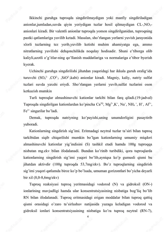 da biroz ko’p bo’lsada, umuman gorizontlari bo’yicha deyarli bir xil (8,0-8,6mg/ekv) tuproq reaksiyasi tuproq yeritmasidagi vodorod (n) va gidroksil (on-) ionlarining mavjudligi hamda ular konsentratsiyasining nisbatiga bog’liq bo’lib rn bilan ifodalanadi. tuproq eritmasidagi erigan moddalar bilan tuproq qattiq qismi orasidagi o’zaro ta’sirlashuv natijasida yuzaga keladigan vodorod va gidroksil ionlari konsentratsiyasining nisbatiga ko’ra tuproq neytral (rn-7), kislotali (rn 7) reaksiyaga ega bo’ladi. nordon tuproqlarning xossalarini yaxshilashda yerni oxaklash usulidan foydalaniladi.yerga ohak solinganda tuproqning kislotaliligi neytrallanadi. ohaklash usuli tayga o’rmon zonasidagi podzol,chimli podzol va botqoq singari kislotali tuproqlarda keng ishlatiladi. tuproq ishqoriyligi. yeritmada gidroqsil ionlari vodorod ionlariga nisbatan ko’p bo’lganda (rn>7) yeritma va tuproqning ishqoriy reaksiyasi vujudga keladi.ishqoriy reaksiyaning kelib chiqishida eritmadagi kuchli asosli va kuchsiz kislotali xaraktyerdagi (k2co3, khco3, na2co4, nahco3) tuzlar asosiy rol o’ynaydi. ishqoriy reaksiyaga ega bo’lgan sho’rtob va sho’rtobsimon tuproqlarning salbiy xossalarini yaxshilash uchun gipslash usulidan foydalaniladi. tuproqning singdirish qobiliyati bilan bevosita bog’liq xossalaridan biri,uning bufyerligidir.tuproq yeritmasi va …