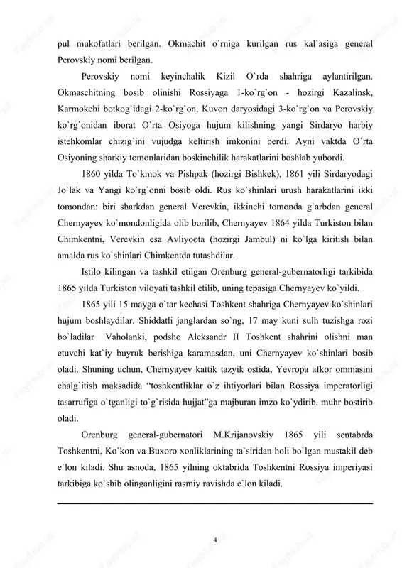 chernyayev ko`shinlari bosib oladi. shuning uchun, chernyayev kattik tazyik ostida, yevropa afkor ommasini chalg`itish maksadida “toshkentliklar o`z ihtiyorlari bilan rossiya imperatorligi tasarrufiga o`tganligi to`g`risida hujjat”ga majburan imzo ko`ydirib, muhr bostirib oladi. orenburg general-gubernatori m.krijanovskiy 1865 yili sentabrda toshkentni, ko`kon va buxoro xonliklarining ta`siridan holi bo`lgan mustakil deb e`lon kiladi. shu asnoda, 1865 yilning oktabrida toshkentni rossiya imperiyasi tarkibiga ko`shib olinganligini rasmiy ravishda e`lon kiladi. chor rossiyasi o`z mustamlaka yerlarini kengaytirishni davom ettirib, 1866 yil 10 fevralda samarkand sari yurish kilib, 13 mayda erjar yakinida bo`lgan jangda buxoro ko`shinlarini yengadi. o`sha yili xo`jand, o`ratepa va jizzax hujum bilan bosib olinadi. samarkanddan buxoroga boraverishda yangiko`rg`on yakinida buxoro amirining ko`shinlari yana yengiladi. 1868 yil 23 iyunda rus ko`shinlari samarkandni so`ngra kattako`rg`onni buxorodan ajratib olib, zarafshon okrugini tashkil kiladilar. buxoro amiri muzaffariddinni (1860-1885) asoratli shartnomani imzolashga majbur etdilar. shartnomaga muvofik buxoro amalda rossiyaning vassaliga aylanib koldi, harbiy chikimlar uchun 500 ming so`m tovon puli …