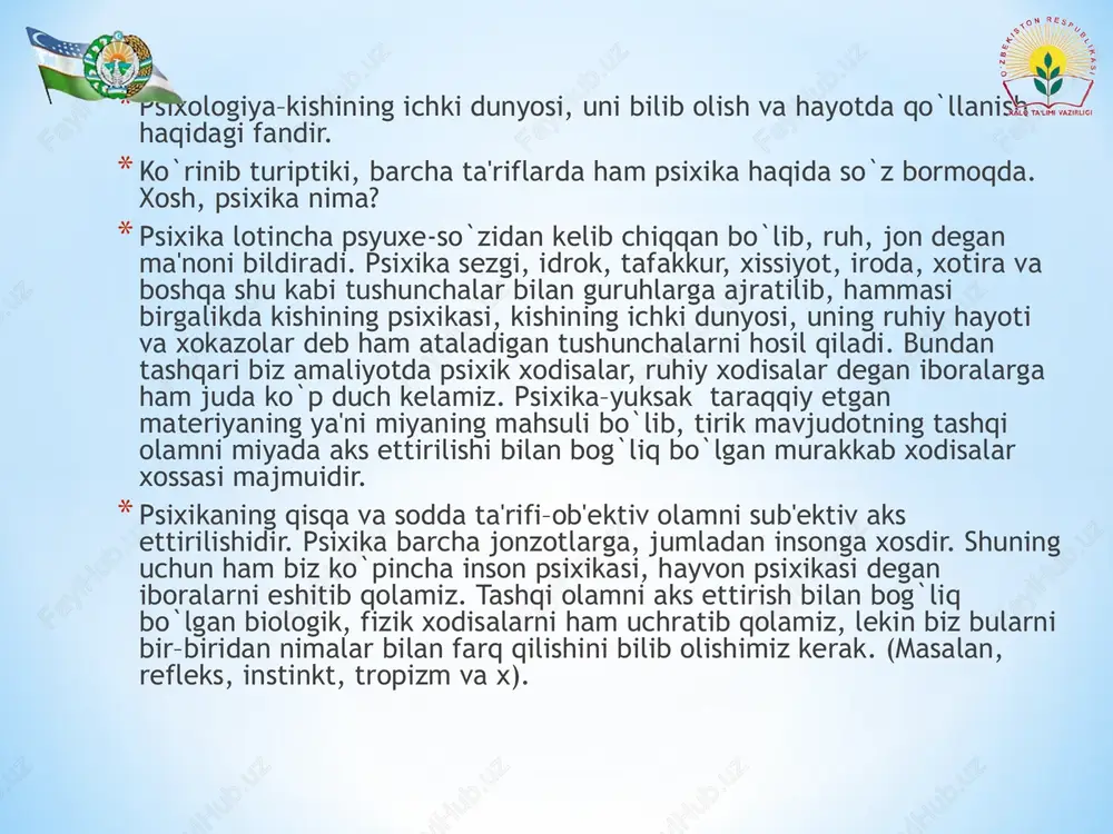 i bilan bog`liqdir. ijtimoiy hayot ehtiyojlari qadim zamonlardan buyon kishini tevarak–atrofdagi odamlarning psixik jihatdan tuzilish xususiyatlarini farqlay bilishga va ularni o`z hatti–harakatlarida hisobga olishga majbur etib kelgan. * har qanday odam o`z tajribalariga asoslanib, o`ziga atrof voqelikni u yoki bu tarzda idrok qilishiga qarab, atrof olamni idrok qilishiga, narsa va xodisalarni farqlashiga qarab, anglab etishiga qarab farqlanadi, o`ziga hisob beradi. biz qushlar ovozini va muzika kuylarini eshitamiz va farqlaymiz, turli narsalarni ko`ramiz, turli xidlarni, turli taomlar mazasini sezamiz va bu xaqda tasavvurga ega bo`lamiz. odam o`zini o`rab turgan olamni bilibgina qolmay, shu olamdagi narsa va xodisalarga o`z munosabatini ham bildiradi. odam o`z atrofidagi olamni idrok qilibgina qolmay unga o`ziga xos munosabatda ham munosabatda bo`ladi, ya'ni o`zining faolligini namoyon qiladi, tegishli xulosa chiqaradi, maqsadga intiladi, tashabbus va shijoat ko`rsatadi, qiyinchiliklarni engib o`tishga harakat qiladi, boshqacha qilib aytganda o`z iroda kuchini namoyish etadi. * va nihoyat, har bir odam bir–biridan nimasi bilandir …