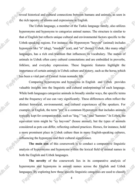 uistics, it offers insights into the cognitive processes underlying language use and classification. in artificial intelligence and natural language processing, understanding these relationships is crucial for developing more sophisticated language models and improving machine translation. furthermore, this study has implications for cross-cultural communication. by appreciating the differences and similarities in how languages categorize the natural world, we can enhance mutual understanding and respect among cultures. this awareness is particularly important in our increasingly globalized world, where effective communication across linguistic and cultural boundaries is essential. chapter i. understanding hyperonyms and hyponyms 1.1. understanding hyperonyms definition and concept hyperonyms, also known as superordinate terms, are words that denote a general category under which more specific instances, or hyponyms, fall. for example, "animal" is a hyperonym that includes a wide range of hyponyms such as "dog," "cat," and "elephant." essentially, a hyperonym encompasses a broad concept that can be broken down into …