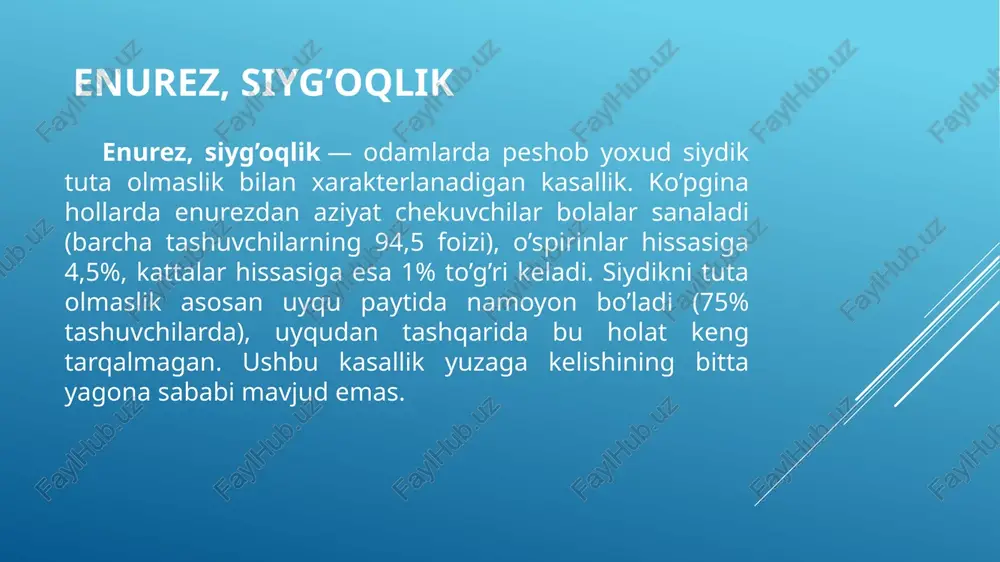 siydik yo'llariga qaytib ketishiga to'sqinlik qiladigan qopqoqdagi nuqson bo'lishi mumkin. bu eng keng tarqalgan tur. siydik chiqarish yo'llarining cho'zilishi va to'g'rilanishi bilan, bolaning o'sishi bilan valfning funktsiyasi yaxshilanishi mumkin. natijada, reflyuks tuzatiladi. kamchilikning aniq sababi noma'lumligicha qolmoqda. biroq, bu genetik bo'lishi mumkin, chunki u oilalarda paydo bo'ladi. bu nuqson o'g'il bolalarda ko'proq uchraydi. ikkilamchi vezikoureteral reflyuks: quviq mushaklarining tiqilib qolishi yoki nuqsoni yoki oddiy siydik pufagini bo'shatishni boshqaradigan nervlarning shikastlanishi siydik pufagining to'g'ri bo'shatilishiga olib kelishi mumkin. vezikoureteral reflyuksning belgilari qanday? har bir bolada simptomlarda bir oz o'zgaruvchanlik bo'lishi mumkin bo'lsa-da, vezikoureteral reflyuksning ba'zi umumiy belgilari va alomatlari quyidagilarni o'z ichiga olishi mumkin: siydik chiqarish yo'llari infektsiyasi: bolalar, ayniqsa 5 yoshgacha bo'lgan o'g'il bolalar siydik yo'llari infektsiyasini (uti) olishi ehtimoldan yiroq emas. agar bolada uti belgilari namoyon bo'lsa, u utining asosiy sababi sifatida vurga ega bo'lish ehtimoli yuqori. uti belgilari va alomatlari quyidagilarni o'z ichiga olishi mumkin: tez-tez siydik chiqarishga …
