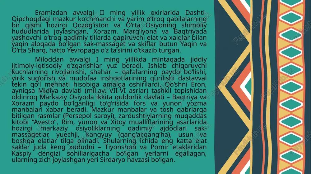 tili va madaniyati bilan sharqiy yevropa, sibir va qozog‘iston dashti, kaspiy dengizi janubi-sharqida ko‘chib yurgan skiflarga juda yaqin turgan. ammo xo‘jalik-madaniy jihatdan ular orasida o‘zaro bir oz farq bo‘lgan. shunday qilib, o‘rta osiyo o‘troq aholisi, shimoli-sharqiy tomonda tiyonshon va oloy qabilalarining, sharqda – sak-sarmat ko‘chma guruhlarning, janubda – dehqonchilik bilan shug‘ullanib kelayotgan tub joy etnik guruhlarning birikuvi tufayli o‘ziga xos etnomadaniyat birikmalari yuzaga keladi. oqibatda mahalliy aholining antik davr-dagi etnik qiyofasi va antropologik tuzilishida qurama tiplar paydo bo‘ladi. shuni ham qayd qilish lozimki, mintaqaga muhim etnik qatlam bo‘lib kirgan saklar, tiyonshon boshqa tog‘ rayonlarida yashaydigan aholi chorvachilik bilan, farg‘ona va sirdaryo bo‘yi saklari dehqanchilik bilan shug‘ullanishgan. arxeologik qazilmalardan topilgan qurol-aslaha, turli buyumlar, hunarmandchilik va dehqonchilik mahsulotlari, mudofaa hamda sug‘orish inshootlari va boshqa boy materiallar mazkur qabila va elatlarning yuksak madaniyat yaratgan etnoslar ekanligidan dalolat beradi. ular o‘rta osiyo xalqlari, shu jumladan, o‘zbeklarning ham shakllanishida eng qadimiy etnik qatlam sifatida qatnashgan …