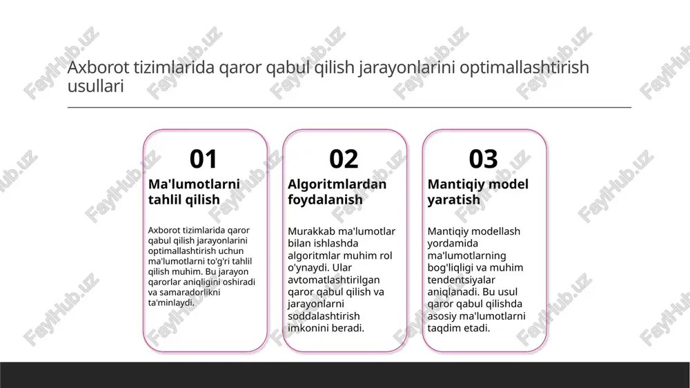 ashtirish mumkin. bu, vaqtni tejash va inson xatolarini kamaytirishga yordam beradi. 03 o'qituvchilar va talabalarning roli ma'lumotlarni boshqarishda pedagoglar va talabalar faol ishtirok etishi muhim. ular ma'lumotlarni to'g'ri ishlatish va boshqarish bo'yicha bilim va ko'nikmalarni rivojlantiradi. axborot tizimlarida mantiqiy asoslar va qaror qabul qilish jarayonlarining rivojlanishi va muammolari. ma'lumotlarni tahlil qilish axborot tizimlarida mantiqiy asoslar katta ahamiyatga ega, chunki ular ma'lumotlarni to'g'ri va aniq tahlil qilish uchun asos bo'lib xizmat qiladi. bu jarayon qaror qabul qilishni samarali qiladi va xatoliklarni kamaytiradi. qaror qabul qilishdagi muammolar mantiqiy yondashuvlar bilan bog'liq muammolar orasida noto'g'ri ma'lumotlar, noaniqliklar va algoritmik cheklovlar mavjud. ularni hal qilish uchun ilg'or texnologiyalar va metodlar joriy etilishi zarur. rivojlanish tendensiyalari axborot tizimlarida mantiqiy asoslar va qaror qabul qilish jarayonlari tez rivojlanmoqda, sun'iy intellekt va ma'lumotlar bazalari yordamida murakkab muammolar hal qilinmoqda. bu esa ta'lim va ishlab chiqarish jarayonlarini optimallashtiradi. xulosa 01 ma'lumotlarni mantiqiy boshqarish asoslari ma'lumotlarni mantiqiy boshqarishning asosiy …