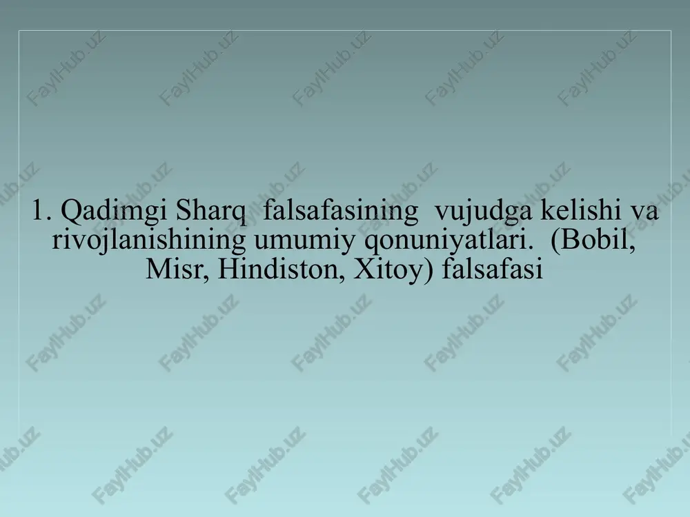 yo‘nalishlar daosizm konfutsiychilik moizm legizm ismlar maktabi in-yan konfutsiy ta'limrtidagi besh muqimlik yoki besh fazilat burchga sodiqlik tavfiqlilik insonparvarlik aqlga muvofiqlik haqiqatgo‘ylik «li» - urf-odat va marosimlarga rioya etish «in» - ijobiy ibtido, «yan» -salbiy ibtido «dao» - osmon, koinot yo‘li bo‘lib, muayyan tartib va qonunga binoan mavjud «tsi» - axloqiy me'yorlarni amalga oshirish an'anaviy konfutsiychilikning asosiy tushunchalari: «i» - burch, «sin» -samimiylik «chjen» - insonparvarlik daosizm (mil.avv.vi asr) asoschisi lao – szi ( miloddan avvalgi 604 y.t) tuman yoki gazsimon holatdagi boshlangich materiya- si umumiy qonun – dao bilan birgalikda dunyoning asosini tashkil etadi dao-de-tszi “to‘g‘ri yo‘l” kitobi si tufayli 5 ta moddiy element – o‘t, suv, tuprok, yogoch va temir asosiy tushunchasi insonning maqsadi dao – abadiy va mutloqdir yan (yaxshi, yorug‘) in (yomon, qorong‘u) dao bilan muloqatda bo‘lish daochilar ta'limotidagi dialektikaning namoyon bo‘lishidir 2.“avesto” qadimgi davrda markaziy osiyoda rivojlangan inson, tabiat, jamiyat va davlatchilik haqidagi falsafiy g‘oyalarning …