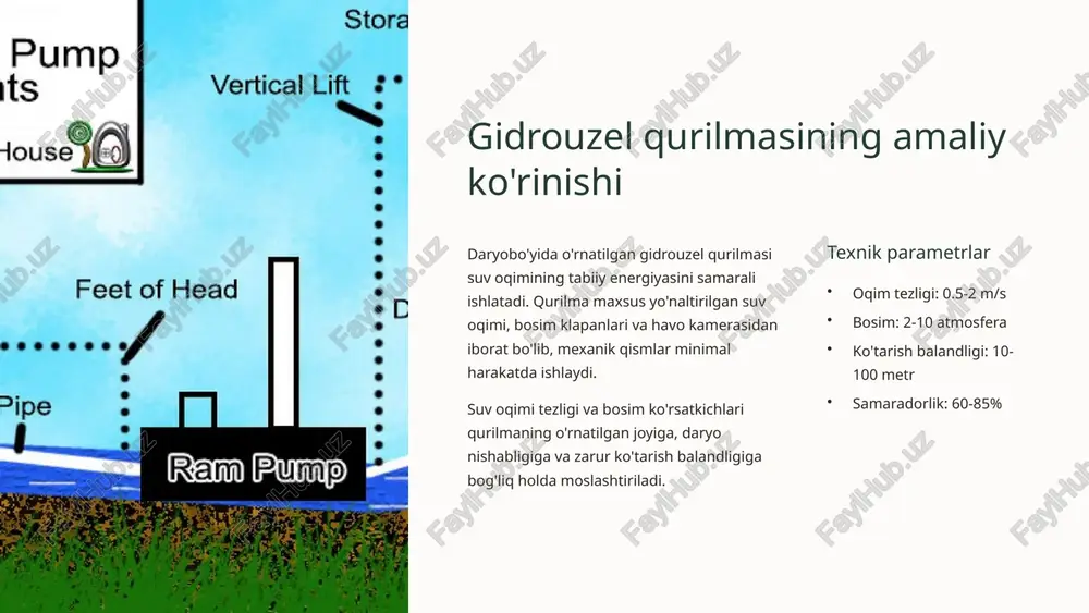 shi va modernizatsiyasida gidrouzellarni keng qo'llash zaruriyati ortib bormoqda. bu texnologiya barqaror rivojlanish maqsadlariga to'liq mos keladi va kelajakda suv resurslarini tejashda muhim rol o'ynaydi. foydalanilgan adabiyotlar xorijiy manbalar sokolov a.v., naumov v.a. "gidravlicheskie tarany v sistemax vodosnabjeniya" // orenburg gau ilmiy axborotnomasi, 2021 international journal of hydraulic engineering – hydraulic ram pump applications, 2020 fao technical papers on water management in agriculture, 2019 milliy adabiyotlar o'zbekiston respublikasi suv xo'jaligi vazirligi – suv resurslarini boshqarish bo'yicha qo'llanma, 2022 tiqxmmi – gidrotexnik inshootlardan foydalanish, toshkent, 2021 o'zbekiston qishloq xo'jaligi suv ta'minoti tizimlarini takomillashtirish strategiyasi, 2023 qo'shimcha ma'lumot: ushbu taqdimot zamonaviy gidrotexnik texnologiyalar va ularning o'zbekiston sharoitida qo'llanilishi bo'yicha eng so'nggi tadqiqotlar asosida tayyorlangan. image1.png image2.png image3.png image4.png image5.png image6.png image7.png image8.png image9.png image10.png image11.png image12.png image13.png image14.png image15.png image16.png image17.png image18.png image19.png image20.png image21.png image22.png image23.png image24.png