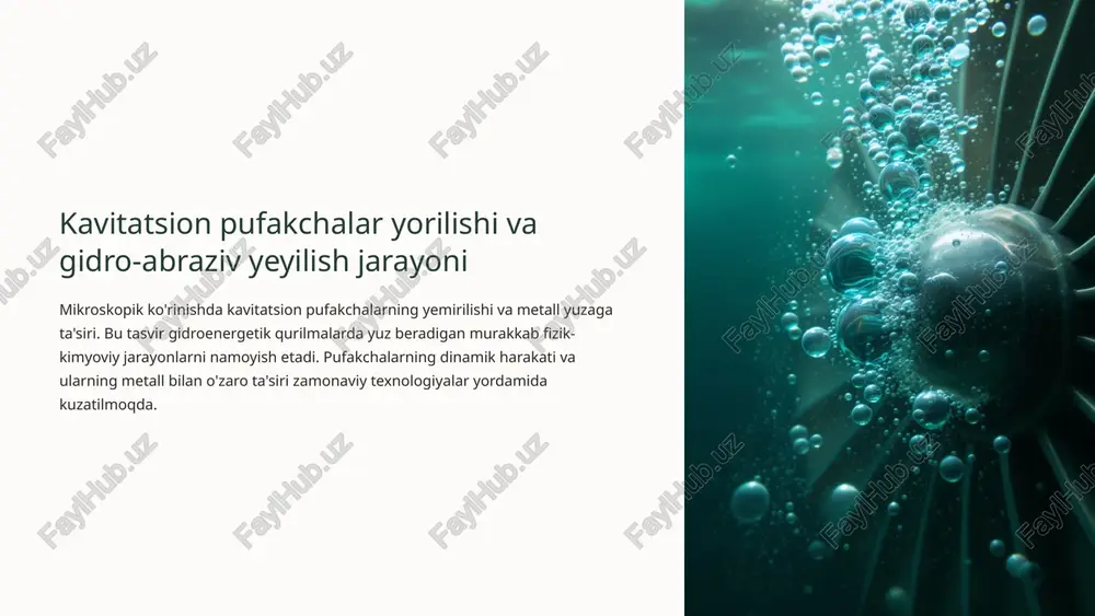naltirib, kavitatsiya zonalarini minimallashtirish mumkin. maxsus shakllangan o'tish kanallari, deflektorlar va yo'naltiruvchi apparatlar oqim tezligini va bosimni nazorat qiladi. zamonaviy cfd simulyatsiyalari yordamida oqim parametrlarini oldindan hisoblash va loyihani optimallashtirish amalga oshiriladi. energiya so'ndiruvchilar kavitatsiyaga chidamli energiya so'ndiruvchilar suv energiyasini bosqichma-bosqich va tekis taqsimlangan holda so'ndiradi. bu qurilmalar past bosimli zonalarning hosil bo'lishini oldini oladi. shamxor va artyom inshootlarida qo'llaniladigan so'ndiruvchilar energiya yo'qotishini 85-90% samaradorlik bilan amalga oshiradi. kavitatsiyaga qarshi himoya kompleks yondashuv talab qiladi. eng yaxshi natijalar yuqoridagi usullarni birgalikda qo'llash orqali erishiladi. zamonaviy gidroenergetik qurilmalarda barcha himoya choralarini integratsiyalashgan holda loyihalash zarur. shamxor suv inshootining kavitatsiyaga chidamli energiya so'ndiruvchilari shamxor gidrotexnik majmuasida o'rnatilgan zamonaviy energiya so'ndiruvchilar o'zbekiston ilmiy maktabining amaliy yutuqlaridan biridir. bu qurilmalar maxsus loyihalangan bosqichli konstruksiyaga ega bo'lib, suv oqimi energiyasini bir necha pog'onada so'ndiradi. energiya so'ndiruvchilarning har bir elementi kavitatsiyaga chidamli materiallardan tayyorlangan va optimallashtirilgan geometrik shaklga ega. natijada, qurilma 15-20 yil davomida minimal texnik …