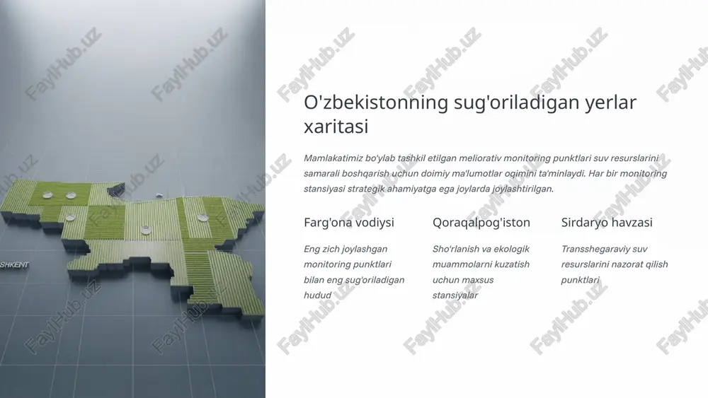 onitoringning ijtimoiy va iqtisodiy foydalari meliorativ monitoring tizimining joriy etilishi nafaqat texnik va ekologik jihatdan, balki ijtimoiy va iqtisodiy jihatdan ham katta foyda keltirmoqda. bu tizim fermerlar, mahalliy aholisi va davlat o'rtasidagi munosabatlarni yaxshilaydi hamda barqaror rivojlanishga hissa qo'shadi. iqtisodiy samaradorlik suv resurslarini tejash orqali qishloq xo'jaligi mahsuldorligi o'rtacha 15% ga oshdi. bu raqam turli viloyatlarda turlicha bo'lsa-da, umumiy tendentsiya ijobiy. samarali sug'orish natijasida energiya sarfi ham kamaydi, bu esa fermerlarning xarajatlarini pasaytiradi. sho'rlangan yerlarda hosildorlik tiklandi va fermerlar daromadi yillik o'rtacha 20-25% ga o'sdi. ko'plab fermer xo'jaliklari zarar chegarasidan chiqib, barqaror foyda olishga erishdi. bu esa qishloq joylarida ish o'rinlari va daromad manbalarini ko'paytirdi. ijtimoiy barqarorlik suv taqsimotidagi adolatsizlik kamayib, ijtimoiy barqarorlik mustahkamlandi. avval mavjud bo'lgan nizolar va kelishmovchiliklar keskin kamaydi. shaffof monitoring tizimi orqali har bir fermer o'z ulushini oladi. mahalliy aholi sog'lom suv manbalariga ega bo'ldi va qishloq joylarida hayot sifati yaxshilandi. bu esa qishloqdan shahar tomon …