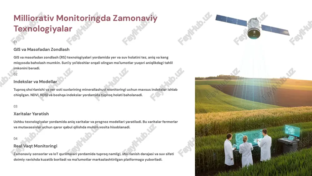 uhim rol o'ynaydi. barqaror sug'orish uchun milliorativ monitoring zarur sug'oriladigan yerlarni zovurlar bilan ta'minlash qishloq xo'jaligi rivoji uchun kalit texnologik yechimlar zamonaviy texnologiyalar va ilmiy yondashuvlar yordamida murakkab muammolarni samarali hal qilish mumkin. gis, masofadan zondlash va sun'iy intellekt keng imkoniyatlar yaratadi. jamoaviy ishtirok har bir fermer va mutaxassisning bu jarayonga faol jalb qilinishi, bilim va tajriba almashish muhim ahamiyatga ega. o'quv dasturlari va treninglar tashkil etilmoqda. davlat qo'llab-quvvatlashi milliorativ tadbirlarni moliyalashtirish, qonunchilik bazasini takomillashtirish va fermerlarni rag'batlantirish tizimlari zarur. subsidiyalar va imtiyozlar dasturlari kengaytirilmoqda. "suv – hayot, suv – farovonlik. uni oqilona va tejamkorlik bilan sarflash har birimizning burchimizdir." foydalanilgan adabiyotlar ilmiy manbalar o'zbekiston respublikasi qishloq va suv xo'jaligi vazirligi nashrlari toshkent irrigatsiya va qishloq xo'jaligini mexanizatsiyalash muhandislari instituti ilmiy ishlari milliorativ va suv xo'jaligi ilmiy-tadqiqot instituti tadqiqotlari o'zbekiston milliy universiteti geografiya fakulteti nashrlari xalqaro manbalar icarda (xalqaro qurg'oqchil hududlar qishloq xo'jaligi tadqiqot markazi) hisobotlari fao (birlashgan millatlar oziq-ovqat …