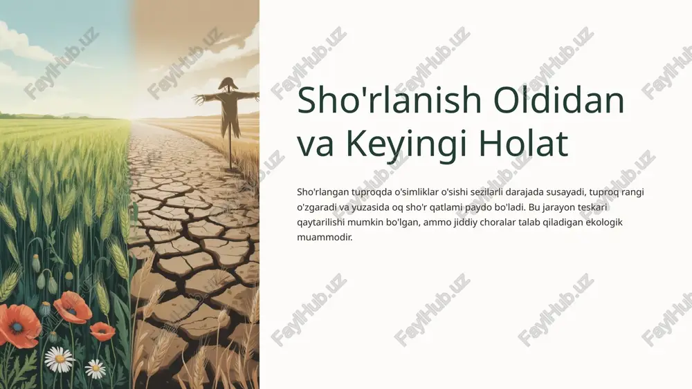 ug'oriladigan yerlarning sho'rlanishi kamayishi bilan qishloq xo'jaligi mahsuldorligi 25-40% ga oshadi, bu fermerlarning daromadini sezilarli darajada yaxshilaydi 02 resurslarni tejash suv resurslarining samarali ishlatilishi va energiya tejash mamlakatning umumiy iqtisodiy samaradorligini oshiradi va ekologik barqarorlikni ta'minlaydi 03 oziq-ovqat xavfsizligi o'zbekistonning oziq-ovqat xavfsizligini ta'minlash va qishloq xo'jaligi mahsulotlari eksport salohiyatini oshirish orqali mamlakatning iqtisodiy mustaqilligini mustahkamlash "meliorativ monitoring – bu faqat texnologik yechim emas, balki kelajak avlodlar uchun sog'lom tuproq va barqaror qishloq xo'jaligini ta'minlashning kalit yo'lidir." xulosa: sho'rlanishga qarshi kurashda meliorativ monitoringning roli global muammo sho'rlanish – global va mintaqaviy muammo bo'lib, o'zbekistonda ayniqsa dolzarb. dunyo bo'yicha 400 million gektardan ortiq yer bu muammodan aziyat chekmoqda. samarali yechimlar zamonaviy monitoring va boshqaruv tizimlari, sun'iy intellekt, masofadan zondlash va innovatsion qishloq xo'jaligi texnologiyalari yordamida samarali yechimlar mavjud. umumiy mas'uliyat har birimiz suv va yer resurslarini asrashga mas'ulmiz. kelajak avlodlar uchun sog'lom muhit va barqaror rivojlanishni ta'minlash – bugungi vazifamiz! birgalikda harakat …