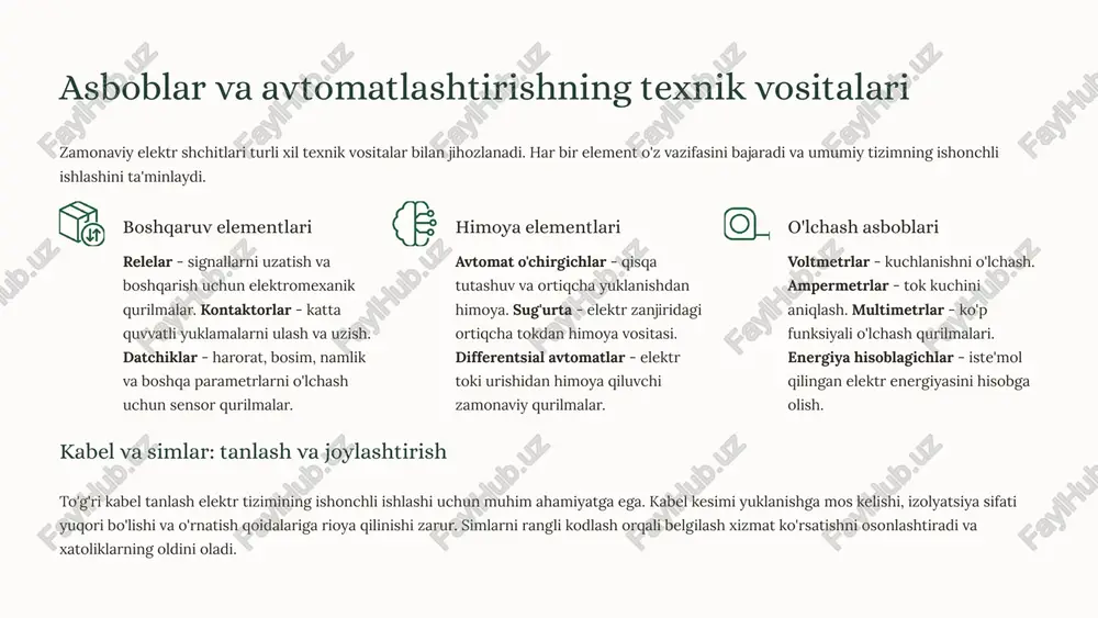 elektr toki urishidan himoya differentsial avtomatlar o'rnatish to'g'ri izolyatsiya vositalaridan foydalanish himoya vositalarini muntazam tekshirish xavfsizlik qoidalariga rioya qilish yerga ulash va nolga ulash yerga ulash kontaktlarini o'rnatish himoya o'tkazgichlarini ulash yerga ulash qarshiligini tekshirish texnik hujjatlarga muvofiqlik izolyatsiya va himoya sifatli izolyatsion materiallar muntazam diagnostika o'tkazish himoya qopqoqlar va panellar ogohlantirish belgilarini joylashtirish xavfsizlik tizimi elementlari 1 birinchi himoya darajasi asosiy izolyatsiya va mexanik himoya - to'g'ridan-to'g'ri teginish oldini olish 2 ikkinchi himoya darajasi yerga ulash va nolga ulash tizimlari - izolyatsiya buzilganda himoya 3 uchinchi himoya darajasi differentsial avtomatlar va boshqa avtomatik himoya qurilmalari 4 to'rtinchi himoya darajasi monitoring tizimlari va tezkor avariya signalizatsiyasi 7 xavfsizlik qoidalarini buzishning oqibatlari texnika xavfsizligi qoidalariga rioya qilmaslik jiddiy oqibatlarga olib kelishi mumkin. har bir hodisa nafaqat moddiy zarar, balki inson hayoti uchun ham xavfli bo'lishi mumkin. elektr toki urishi va jarohatlar elektr toki ta'siri og'ir jarohatlar, kuyishlar va hatto o'limga olib …