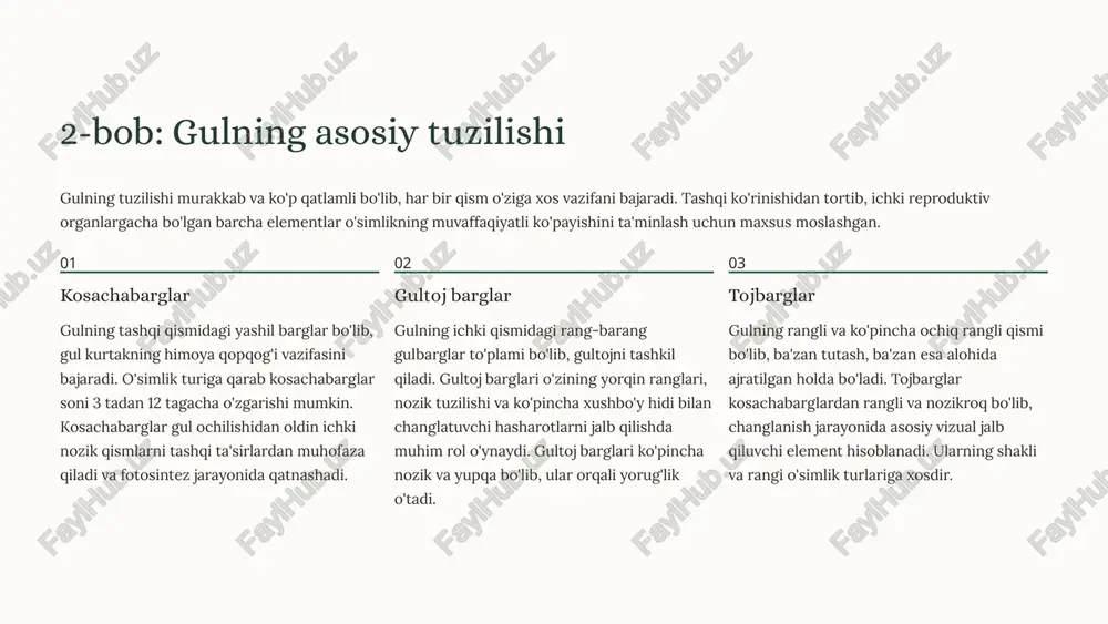 xil barg — kosachabarg va tojbarg farqi aniq ko'rinadi. 2 murakkab gulqo'rg'on kosachabarg va tojbarg birikkan yoki bir-biridan farqlanmaydigan turdagi gulqo'rg'on. pechak, kartoshka, qo'ng'iroq va boshqa o'simliklarda uchraydi. bu holda gulqo'rg'on barglari bir xil rangda bo'lib, ularni vizual jihatdan ajratish qiyin. murakkab gulqo'rg'onli gullar ko'pincha nay shaklida yoki voronka ko'rinishida bo'ladi. 3 maxsus turlar gultojsimon gulqo'rg'onlar — barcha barglar yorqin rangli, kosachasimon gulqo'rg'onlar — barcha barglar yashil yoki och rangli. lola va nargis gultojsimon gulqo'rg'onga, shamolda changlanadigan don o'simliklari esa kosachasimon gulqo'rg'onga ega. ba'zi o'simliklarda gulqo'rg'on umuman bo'lmasligi ham mumkin. gulqo'rg'onning tuzilishi o'simlikning changlanish usuliga va ekologik sharoitlarga moslashish strategiyasiga bog'liq. hasharotlar orqali changlanadigan o'simliklarda gulqo'rg'on yorqin va ko'zga tashlanadigan bo'lsa, shamol orqali changlanadigan o'simliklarda u oddiy va mayda bo'ladi. 7 gul simmetriyasi va jinsiy xususiyatlari simmetriya turlari aktinomorf gullar to'g'ri simmetrik gullar bo'lib, bir nechta teng chiziq bilan bo'linishi mumkin. olma, o'rik, atirgul, piyoz kabi o'simliklar aktinomorf gullarga ega. …
