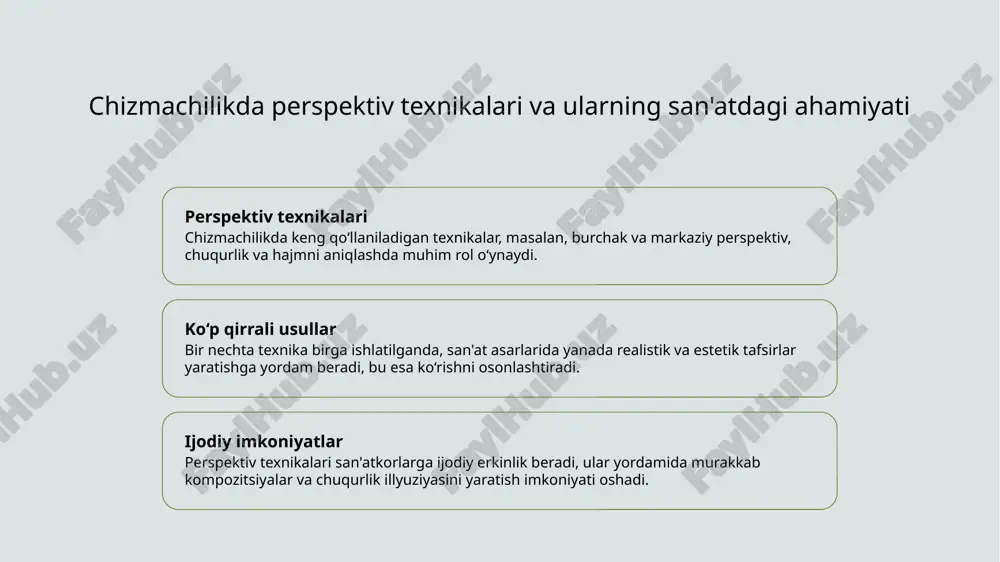 arning to‘g‘ri ishlatilishi vizual qiziqishni oshiradi. ular ko‘rish jarayonini rivojlantirishda va ma’lumotni yanada samarali uzatishda muhim ahamiyatga ega. kognitiv jarayonlarda vizual izohlash va tushunishni oshirish usullari vizual tafakkurni rivojlantirish raqamli texnologiyalar va interaktiv metodlar yordamida vizual tafakkurni rivojlantirish mumkin, bu fikrlash jarayonlarini kengaytiradi va tushunishni oshiradi. kognitiv qobiliyatlarni oshirish tajribali vizualizatsiya va ma'lumotlarni strukturaviy tarzda taqdim etish orqali insonning kognitiv qobiliyatlari, fikrlash va muammo yechishda yuksaladi. tasviriy tashkillashtirish usullari ranglar, formalar va joylashuv elementlarini samarali tashkil qilish, ko‘rish va anglash jarayonlarini soddalashtiradi, tushunishni chuqurlashtiradi. san'at va dizaynda vizual perspektivlarning fikrlash va anglashdagi o‘rnini tahlil qilish perspektiv va tafakkur tushuncha va anglash ijodiy fikrlash vizual perspektivlar san'at va dizaynda fikrlash jarayonlarini shakllantiradi, muhitni anglash va uni tasvirlashda muhim rol o'ynaydi. rasm va tasvirlar orqali fazoni anglash va uni tafakkur qilish imkoniyati yaratiladi, bu esa vizual tafakkur va kognitiv rivojlanishga yordam beradi. perspektiv texnikalari san'atda yangi fikrlar va estetik yechimlarni rivojlantirishga yordam …