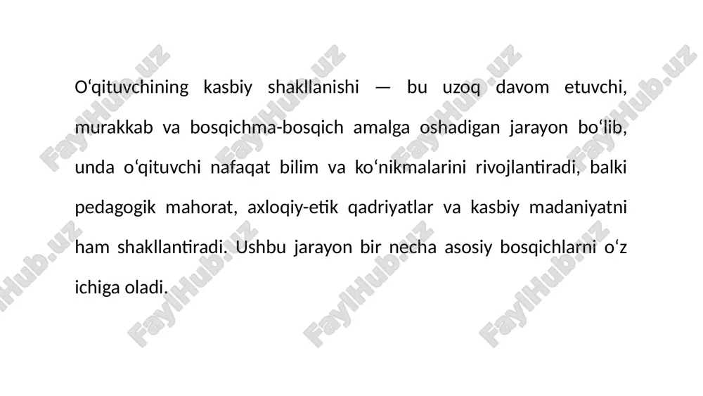 psixologik yordam: stressni boshqarish va hissiy barqarorlikni ta’minlash seminarlari. jamoaviy qo‘llab-quvvatlash: hamkasblar bilan tajriba almashish tizimini yo‘lga qo‘yish. misol: andijon shahrida o‘qituvchilar uchun tashkil etilgan stressni boshqarish seminarlari o‘z samarasini berdi. 13 hayotda har bir inson va jamiyat turli qiyinchiliklarga duch keladi. qiyinchiliklar — bu shaxs yoki guruh oldida paydo bo‘ladigan muammolar, to‘siqlar va sinovlardir. ularni yengish esa insonning irodasi, bilim va tajribasi hamda atrof-muhit yordamida amalga oshiriladi. qiyinchiliklarni yengish yo‘llarini to‘g‘ri tanlash, shaxsning muvaffaqiyatga erishishida muhim omil hisoblanadi. 14 xulosa: kasbiy madaniyat – kelajak kaliti o‘qituvchining kasbiy madaniyatini rivojlantirish – bu shunchaki shaxsiy rivojlanish emas, balki butun ta’lim tizimining sifatini oshirishga qaratilgan asosiy yo‘ldir. shaxsiy rivojlanish o‘z ustida ishlash va ichki madaniyatni shakllantirish. professional o‘sish zamonaviy metodologiyalarni va texnologiyalarni o‘zlashtirish. sifatli ta’lim o‘quvchilarga yetuk bilim va tarbiya berish. kelajak avlod jamiyatning malakali kadrlarini yetishtirishga hissa qo‘shish. kelajak avlod uchun sifatli ta’lim – bizning umumiy maqsadimiz! 15 image1.png image2.png made …