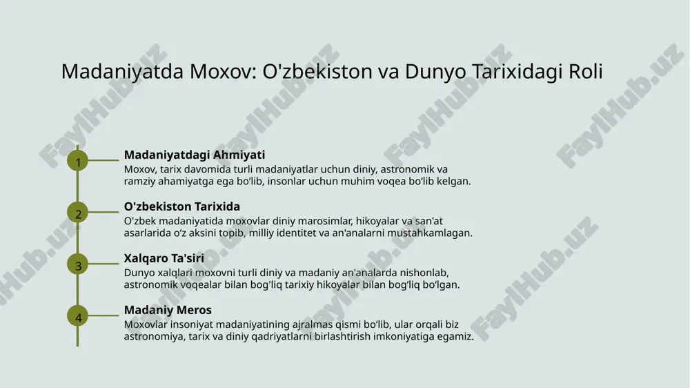 astronomik qonunlar va ilmiy metodlarni amaliy tarzda o‘rgatish mumkin. bu metodlar mantiqiy fikrlash va ilmiy savodxonlikni rivojlantiradi. moxovni vizual va interaktiv usullar bilan o'qitishda qo'llash strategiyalari interaktiv vizual usullar moxovni o'qitishda animatsiyalar, diagrammalar va 3d modellardan foydalanish, murakkab astronomik jarayonlarni tushunishni va qiziqishni oshiradi. real va virtual platformalar virtual laboratoriyalar va onlayn simulyatsiyalar yordamida talabalar eclipse jarayonlarini amalda ko'rib, tajriba qilish imkoniyatiga ega bo'lishadi. o'yin va kvizlar interaktiv o'yinlar va testlar yordamida mavzuni mustahkamlash, talabalar bilimini baholash va qiziqishni davom ettirish mumkin. xulosa 1 moxovlarning astronomik asoslari va ommiyati - moxovlar quyosh, oy va yer harakatlari natijasida yuzaga keladi, ular orbital rezonans va fizik qonunlar bilan boshqariladi. bu hodisalar kosmik jarayonlarning muhim qismidir. 2 madaniyatda moxovning tarixi va ramziysi - moxovlar insoniyat madaniyatida diniy, astronomik va ramziy ahamiyatga ega bo‘lib, ular tarix davomida diniy marosimlar va hikoyalarda muhim rol o‘ynagan. bu hodisalar madaniyatlararo bog‘liqlikni mustahkamlaydi. 3 zamonaviy ta’lim uchun muhim …
