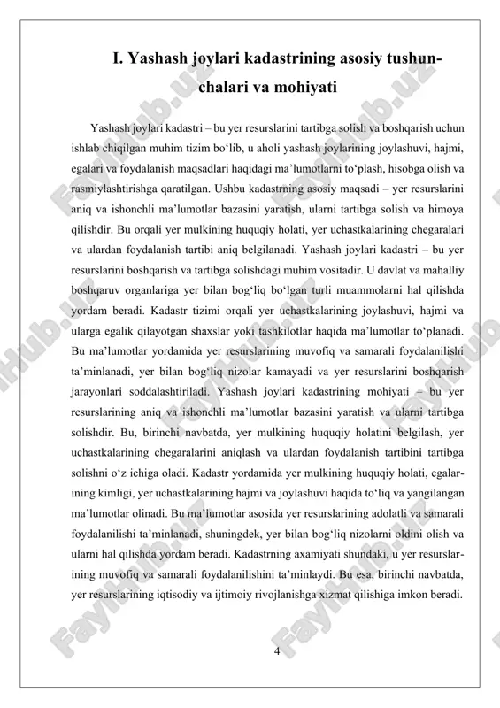 atning barqaror rivojlanishiga xizmat qiladi. ii. kadastr tizimining amaliy qo'llanilishi va muhimligi kadastr tizimining amaliy qo’llanilishi va muhimligi juda keng va muhim rol o’ynaydi, chunki u yer resurslarini boshqarish, muhofaza qilish va rivojlantirish uchun asosiy vosita hisoblanadi. bu tizim yordamida yerni aniqlash, uning hududi, egasi va foydalanish maqsadlari haqidagi ma’lumotlar aniq va ishonchli tarzda to’planadi. natijada, davlat va mahalliy boshqaruv organlari yer resurslarini samarali va adolatli tarzda boshqarish imkoniyatiga ega bo’ladilar. kadastr tizimining amaliy qo’llanilishi avvalo yer munosabatlarining huquqiy asoslarini mustahkamlash bilan bog’liqdir. yer uchastkalarining chegaralari, egalarining huquqlari va ulardan foydalanish tartibi aniq belgilangan bo’lsa, yer bilan bog’liq nizolar kamayadi. bu esa, o’z navbatida, yer resurslaridan muvofiq va samarali foydalanishni ta’minlaydi. kadastr ma’lumotlari yordamida yerni shaxsiy yoki davlat ehtiyojlari uchun ajratish, rejalashtirish va rivojlantirish ishlari amalga oshiriladi. misol uchun, shahar va qishloq joylarida yangi qurilishlar, infratuzilma loyihalari yoki qishloq xo’jaligi faoliyatlari uchun yer ajratishda kadastr ma’lumotlari muhim ahamiyat kasb etadi. …