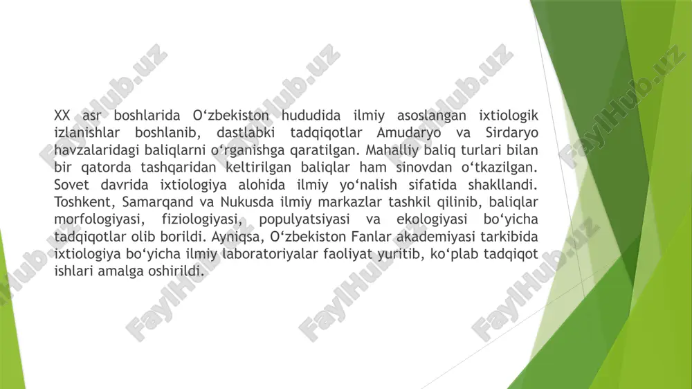 iyalar ishlab chiqildi. masalan, cho‘l hududlarida yaratilgan suv omborlariga yangi baliq turlarini kiritish va ularning moslashuv jarayonlarini kuzatish ixtiolog olimlarning asosiy izlanishlaridan biri bo‘lgan. xulosa qilib aytganda, o‘zbekistonda ixtiologiya fanining shakllanishi va rivojlanishi tarixiy an’analar, ilmiy tadqiqotlar, suv resurslarining boyligi hamda davlat siyosati bilan uzviy bog‘liqdir. dastlab suv havzalaridagi tabiiy baliq turlarini o‘rganish va ularni xo‘jalikka tadbiq etish maqsadida olib borilgan ishlar keyinchalik keng qamrovli ilmiy izlanishlarga aylangan. ixtiolog olimlarning sa’y-harakatlari natijasida ko‘plab qimmatli baliq turlari o‘zbekiston suvlariga kiritilgan, yangi xo‘jalik texnologiyalari ishlab chiqilgan va baliqchilik iqtisodiyotning muhim tarmog‘iga aylangan. xulosa to‘xtayev a., “o‘zbekiston suv havzalari va baliqchilik asoslari”, toshkent: o‘zbekiston, 2015. rasulov i., “ixtiologiya va baliqchilik bioresurslari”, toshkent: fan nashriyoti, 2018 karimov b., “amudaryo va sirdaryo havzalarida baliqlar ekologiyasi”, samarqand, 2012. o‘zbekiston respublikasi qishloq xo‘jaligi vazirligi materiallari, “baliqchilikni rivojlantirish strategiyasi – 2030”, toshkent, 2020 o‘zbekiston milliy ensiklopediyasi, “ixtiologiya” maqolasi, toshkent, 2001 foydalangan adabiyotlar baliqchilik (namdu-pdf) — https://namdu.uz/media/books/pdf/2024/05/17/namdu-arm-868-baliqchilik.pdf uzbekistan — …