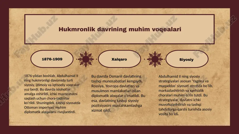 qilish strategiyalari abdulhamid ii ning merosining o'ziga xos jihatlari ta'lim va madaniyatga qo'shgan hissasi: abdulhamid ii diniy va madaniy ta'limni rivojlantirdi, masalan, madrasalar va kutubxonalar ochdi. ijtimoiy va iqtisodiy ta'siri: zamonaviylashtirish harakatlari bilan, iqtisodiy inqirozlar va ijtimoiy barqarorlikni ta'minlashga harakat qildi. zamonaviy dunyo: uning merosi, turizm va madaniyat sohalarida, o'zbekiston va boshqa davlatlar tomonidan qadrlanadi. zamonaviy ta'sirlar va merosning ahamiyati abdulhamid ii ning merosi uning zamonaviy siyosat va davlat boshqaruvida muhim rol o'ynagan. uning siyosiy merosi hozirgi turkiyadagi milliy identitet va mustaqillik uchun asos bo'lib xizmat qilgan. abdulhamid ii ning merosi ijtimoiy islohotlar va davlat qurilishi jarayonlariga ta'sir ko'rsatdi. ta'lim va adliya sohasidagi yangilanishlar mamlakatning ichki rivojlanishiga asos bo'ldi va milliy birligini mustahkamladi. merosi va zamonaviy ta'siri global kontekstda ham muhim. siyosiy strategiyalari xalqaro aloqalar va regional barqarorlikni ta'minlashda o'rnak bo'lib xizmat qiladi, shuningdek, turk dunyosining tarixiy va madaniy bog'liqliklarini mustahkamlashda rol o'ynaydi. tarixiy meros va uning zamonaviy ahamiyati tarixiy …