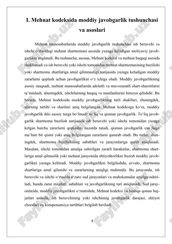 ning aybi bilan yuzaga kelgan bo‘lishi, zarar miqdori aniq hisoblangan bo‘lishi va xodim bilan ish beruvchi o‘rtasida mehnat munosabatlari mavjud bo‘lishi lozim. mehnat kodeksiga ko‘ra, moddiy javobgarlik to‘liq yoki cheklangan miqdorda bo‘lishi mumkin. cheklangan moddiy javobgarlik odatda ish vaqtida ehtiyotsizlik yoki beparvolik sababli zarar yetkazilganda qo‘llaniladi. to‘liq moddiy javobgarlik esa faqat ayrim holatlar — masalan, mol-mulkni o‘g‘irlash, qasddan yo‘q qilish, spirtli ichimliklar ta’sirida ishlash yoki maxsus moddiy javobgarlik shartnomasi mavjud bo‘lsa, qo‘llanilishi mumkin. moddiy javobgarlikning yuzaga kelishi uchun zarar yetkazilgan faktni ish beruvchi dalillar orqali isbotlashi shart. shu bilan birga, ish beruvchi ham xodimga nisbatan noto‘g‘ri harakat qilib, unga zarar yetkazgan bo‘lsa, u holda ish beruvchi ham moddiy javobgarlikka tortilishi mumkin. bu ikki tomonlama prinsip mehnat huquqida muhim o‘rin tutadi. maxsus moddiy javobgarlik shartnomasi ayrim toifadagi xodimlar bilan tuziladi. bu shartnoma orqali xodim o‘ziga ishonib topshirilgan mol-mulk, asbob-uskunalar, pul mablag‘lari va boshqa boyliklarni saqlash va undan oqilona foydalanish uchun to‘liq …