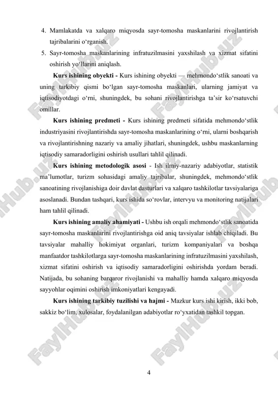 qlaridan biri bo‘lib, u nafaqat xizmat ko‘rsatish sifatini oshirishga, balki mamlakatlarning iqtisodiy, madaniy va ijtimoiy rivojlanishiga ham katta hissa qo‘shadi. mehmondo‘stlik industriyasining mohiyati shundaki, u odamlar o‘rtasidagi muloqotni kuchaytiradi, turli madaniyatlarni birlashtiradi va insonlarning sayohat qilishga bo‘lgan ehtiyojlarini qondiradi. bu soha yordamida odamlar nafaqat dam olishadi, balki yangi joylarni kashf etish, boshqa xalqlar va ularning urf-odatlari bilan tanishish imkoniyatiga ega bo‘ladi. shu bois, mehmondo‘stlik nafaqat iqtisodiy faoliyat, balki madaniy va ijtimoiy ko‘prik sifatida ham qaraladi. mehmondo‘stlik industriyasining tarkibi ko‘p qirrali va keng ko‘lamli bo‘lib, uning asosiy qismlari quyidagilarni o‘z ichiga oladi: · mehmonxonalar va turar joylar: bu sohaning markaziy qismi bo‘lib, u turli darajadagi mehmonxonalar, motellar, yotoqxonalar va boshqa turar joylarni o‘z ichiga oladi. mehmonxonalar mehmonlarga qulaylik yaratish, ularni joylashtirish, ovqatlanish va dam olish imkoniyatlarini taqdim etadi. · restoranlar va oziq-ovqat xizmatlari: mehmondo‘stlikning muhim qismi sifatida restoranlar, kafe, barlar va boshqa oziq-ovqat xizmatlari mehmonlarning taomlanish ehtiyojlarini qondiradi. ular turli milliy …