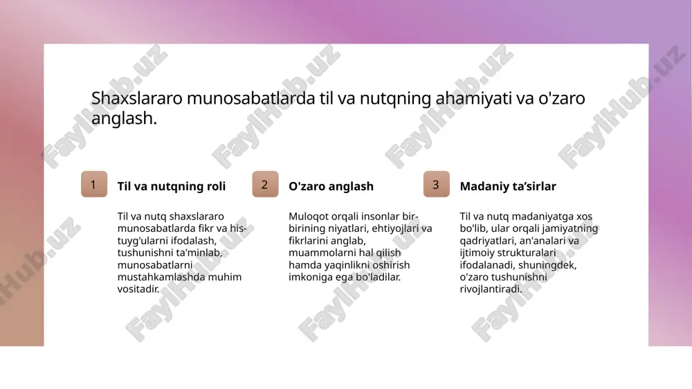 aniy elementlar madaniyatga xos kommunikatsiya uslublari va an’analari shaxslararo bog‘lanishni mustahkamlashga yordam beradi. har bir jamiyat o‘z kommunikatsiya madaniyatini rivojlantiradi. madaniyat kontekstida muloqotning ifodasi va uning ijtimoiy ta’siri. madaniyat va muloqot madaniyat muloqot shakllarini belgilaydi, so‘zlar, odatlar va ramzlar orqali jamiyatning o‘ziga xos ifodasini ta'minlaydi. bu, shuningdek, munosabatlarni mustahkamlashda muhim rol o‘ynaydi. an'anaviy va zamonaviy ifodalar madaniyatda muloqotning usullari an'anaviy nutq va raqs kabi amaliy shakllardan zamonaviy texnologiyalar va internet orqali amalga oshiriladi. bu, axborot va madaniyatning rivojlanishiga turtki bo‘ladi. ijtimoiy ta’sir va identitet madaniyatdagi muloqot ijtimoiy identitetni shakllantiradi, odamlarga o‘z o‘rnini anglash va jamiyat bilan bog‘lanish imkonini beradi. bu ijtimoiy barqarorlik uchun muhimdir. ijtimoiy rollar va kommunikatsiya: munosabatlarning rivojlanishida muhim omil. 1 ijtimoiy rollarning roli ijtimoiy rollar shaxslarning munosabatlarda qanday vazifa va mas'uliyatlarni bajarishini belgilaydi, bu esa bog‘lanish va hamjihatlikni rivojlantiradi. 2 kommunikatsiya va identitet kommunikatsiya orqali shaxslar o‘z rollarini ifodalaydi, bu ularning ijtimoiy identitetini shakllantiradi va munosabatlarning barqarorligini …