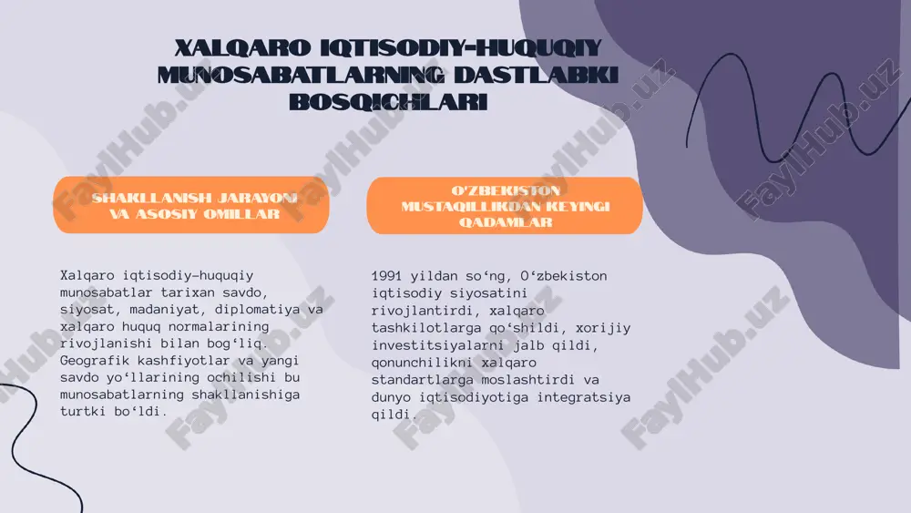 ikni oshirish shaffoflik, adolat va qonun ustuvorligini ta'minlash orqali xalqaro ishonchni mustahkamlash, uzoq muddatli hamkorlik va nizolarni oldini olish uchun mexanizmlar ishlab chiqish muhimdir. xalqaro iqtisodiy-huquqiy munosabatlarda o‘zbekistonning mavqeini chuqurlashtirish o‘zbekiston xalqaro iqtisodiy-huquqiy maydonda mavqeini oshirish uchun shartnomalar tizimini takomillashtirish, investitsiya muhitini yaxshilash va xalqaro sud-huquq organlari bilan hamkorlikni rivojlantirishga e'tibor qaratmoqda. bu yo‘nalishlar mamlakatning global iqtisodiy jarayonlardagi ishtirokini kengaytiradi. xalqaro iqtisodiy hamkorlikda huquqiy mexanizmlarning mohiyati huquqiy mexanizmlar tushunchasi xalqaro iqtisodiy munosabatlarda huquqiy mexanizmlar muhim rol o'ynaydi. ular davlatlar o'rtasida kelishuvlar, shartnomalar va yuridik me'yorlar orqali iqtisodiy aloqalarni tartibga soladi. bu mexanizmlar yordamida iqtisodiy barqarorlik va ishonch ta'minlanadi. o‘zbekiston yondashuvlari va manfaatlar o‘zbekiston xalqaro iqtisodiy hamkorlikda huquqiy mexanizmlarni shakllantirishda suverenitet va iqtisodiy manfaatlarni himoya qilishga katta e'tibor qaratadi. mamlakat o'zining yuridik bazasini rivojlantirib, xalqaro shartnomalar va huquqiy standartlarga muvofiqlikni ta'minlamoqda. o‘zbekistonning xalqaro iqtisodiy-huquqiy institutlari va ularning roli milliy va xalqaro institutlarning integratsiyasi o‘zbekiston milliy va xalqaro iqtisodiy-huquqiy institutlar o‘rtasida samarali …