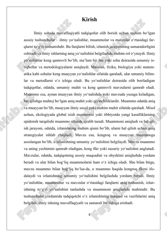 i tushunishga qaratilgan bilim sohalari bo‘lib, ular turli fanlar va tadqiqot usullari orqali dunyoni kashf qilishga xizmat qiladi. ilmiy yo‘nalishlarni tushunish uchun asosiy tushunchalarni quyidagicha kengroq yoritib beraman. ilm-fan tabiiy, ijtimoiy va gumanitar fanlar sifatida katta guruhlarga bo‘linadi. tabiiy fanlar materiya, energiya va tabiat hodisalarini o‘rganadi. masalan, fizika koinotning asosiy qonunlarini, kimyo moddalarning o‘zaro ta’sirini, biologiya esa tirik organizmlarni tahlil qiladi. ijtimoiy fanlar jamiyat va inson xatti-harakatlariga e’tibor qaratadi, bunga sotsiologiya, psixologiya, iqtisodiyot kabi sohalarni kiritish mumkin. gumanitar fanlar esa insoniyatning madaniy, tarixiy va falsafiy merosini o‘rganadi, masalan, tarix, adabiyot va falsafa. ilmiy yo‘nalishlarning asosiy maqsadi – dunyoni tushunish va undagi qonuniyatlarni aniqlash. bu jarayonda ilmiy usul deb ataladigan tizimli yondashuv qo‘llaniladi. ilmiy usul kuzatuv, faraz (gipoteza) shakllantirish, tajriba o‘tkazish, ma’lumotlarni tahlil qilish va xulosa chiqarish kabi bosqichlarni o‘z ichiga oladi. masalan, bir hodisani tushunish uchun olim avval kuzatuvlar olib boradi, so‘ngra bu kuzatuvlar asosida faraz qiladi va tajribalar orqali …