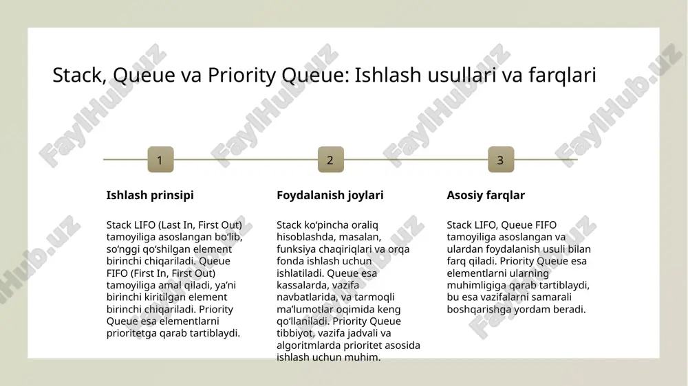 arqarorlik ko‘p hollarda konteyner adapterlarining qiyinchiliklari, masalan, ma’lumotlar oqimini nazorat qilishda muvofiqlik va optimallashtirish muammolaridir. bu jarayonlar samaradorlikni pasaytirishi mumkin. adapterlarning ishlashini yaxshilash uchun, ma’lumotlarni tartibga solish va qattiq algoritmlardan foydalanish, yirik ma’lumotlar bilan ishlashda muhim ahamiyatga ega. kontener adapterlari xavfsizlikni ta’minlash uchun, muvofiqlik va xatoliklarni aniqlash tizimlarini joriy qilish, shuningdek, bo‘linmalarni optimallashtirish zarur. dastur ishlab chiqishda konteyner adapterlarining performans va xavfsizlik aspektlari 1 ishlash samaradorligi konteyner adapterlarining performansi dastur tezligini va resurslardan foydalanishni belgilaydi. optimal tanlov algoritmik samaradorlikni oshiradi. 2 xavfsizlik muhimligi xavfsizlik, ma'lumotlarning buzilmasligi va noto'g'ri ishlashdan himoya qilish uchun muhim. to'g'ri implementatsiya xavfsizlikni ta'minlaydi. 3 resurslar bilan ishlash adapterlar resurslarni, xususan xotira va protsessorni, samarali boshqarishi kerak. bu dastur barqarorligi va kengaytirilishini ta'minlaydi. xulosa 1 ma'lumotlarni boshqarishning muhimligi kontayner adapterlari dasturda ma'lumotlarni muvofiqlik bilan boshqarishda muhim rol o'ynaydi, ular algoritmlar va tizimlarning samaradorligini oshiradi, resurslarni tejaydi. 2 ishlash prinsiplari va farqlari stack, queue va priority_queue har biri …