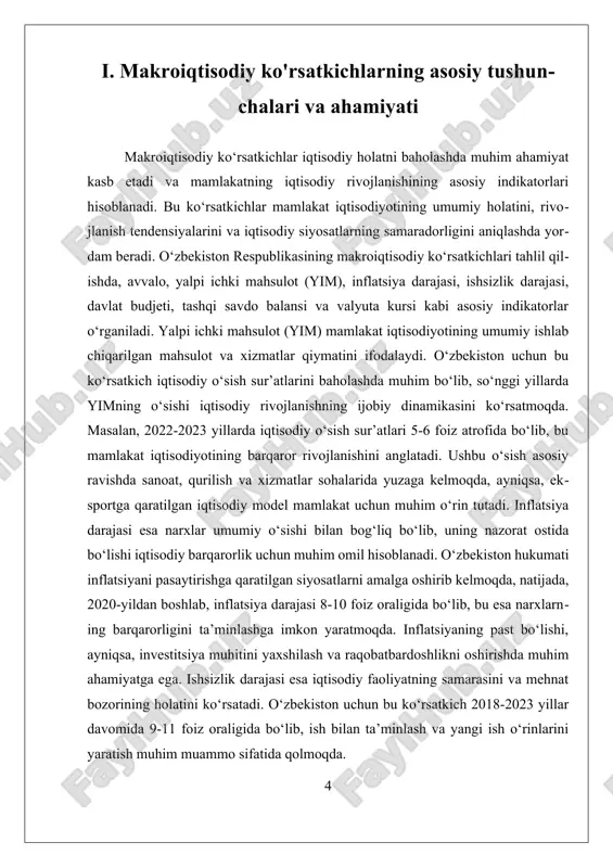 vojlanish tendensiyalarini chuqurlashtirishda muhim bo‘lib, siyosatchilar, iqtisodchilar va investorlar uchun asosiy ma’lumotlarni taqdim etadi. bu tahlil natijalari asosida iqtisodiy siyosatni shakllantirish, muammo va muhim imkoniyatlarni aniqlash uchun foydalaniladi. kelajakda iqtisodiy diversifikatsiya, innovatsiyalar va tashqi aloqalarni kengaytirish orqali barqaror va uzoq muddatli rivojlanishni ta’minlash muhim ahamiyatga ega bo‘ladi. ii. o'zbekistonning iqtisodiy rivojlanish tendensiyalari va muhim indikatorlar o‘zbekiston respublikasining makroiqtisodiy ko‘rsatkichlari mamlakat iqtisodiy holati va rivojlanish tendensiyalarini baholashda muhim ahamiyatga ega bo‘lib, ular iqtisodiy siyosatning strategik yo‘nalishlarini shakllantirishda asosiy manba hisoblanadi. makroiqtisodiy ko‘rsatkichlar – yalpi ichki mahsulot (yim), inflatsiya darajasi, ishsizlik darajasi, davlat budjeti, tashqi savdo balansi va milliy valyuta kursi kabi asosiy indikatorlar orqali mamlakat iqtisodiyotining umumiy holatini tahlil qilish mumkin. bu ko‘rsatkichlar iqtisodiy faollik, barqarorlik va rivojlanish sur’atlarini aniqlashda yordam beradi. yalpi ichki mahsulot (yim) – mamlakatda ishlab chiqarilgan tovarlar va xizmatlarning umumiy qiymatini ifodalaydigan asosiy ko‘rsatkichdir. o‘zbekiston iqtisodiyoti so‘nggi yillarda barqaror o‘sishni ko‘rsatmoqda. 2023 yilda yim o‘sishi taxminan 5,2 …