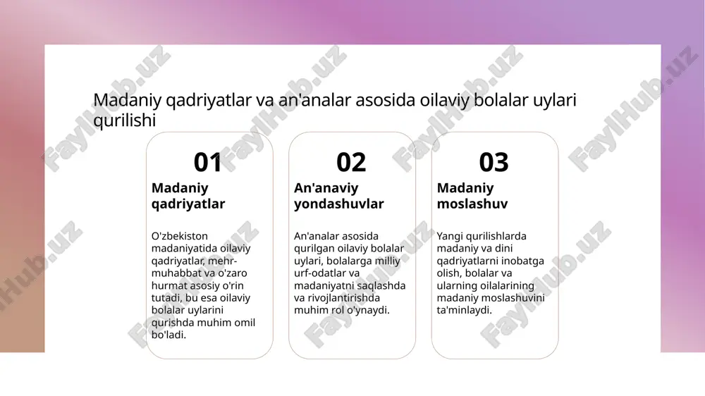 naviy qo‘llab-quvvatlash tizimlari, psixologik, ta’limiy va sog‘liqni saqlash xizmatlarini o‘z ichiga oladi, bu yordamlar bolalarning ijtimoiy va shaxsiy rivojlanishini ta’minlaydi. oilaviy bolalar uylarining ijtimoiy qabul qilinish va madaniy moslashuv jarayonlari 1 ijtimoiy qabul oilaviy bolalar uylarining jamiyatda qabul qilinishi muhim omil. madaniy qadriyatlar va an'analar asosida ularning ijtimoiy qabul qilinishi rivojlanmoqda. 2 madaniy moslashuv bolalar va ularning oilalari uchun madaniy moslashuv jarayoni muhimdir. bu jarayon jamiyat bilan yaxshi integratsiya va psixologik barqarorlikni ta'minlaydi. 3 axborot va ta'lim ommaviy axborot va ta'lim dasturlari orqali oilaviy bolalar uylarining manfaatlari va roli keng jamoatchilikka tushuntirilmoqda. bu ijtimoiy qabulni oshiradi. 4 qo‘llab-quvvatlash tizimi jamiyat va hukumat tomonidan taqdim etiladigan qo‘llab-quvvatlash tizimlari muhim. bu yordamlar oilalarni qo‘llab-quvvatlab, madaniy moslashuvni yengillashtiradi. bolalar parvarishi va rekonstruktsiyasi: zamonaviy yondashuvlar va muammolar 1 inqiroz va muammolar zamonaviy bolalar parvarishi muhim muammolar bilan yuzlashadi, jumladan, resurslar yetishmasligi, malakali mutaxassislarning kamligi va moliyaviy qiyinchiliklar. 2 innovatsion yondashuvlar zamonaviy texnologiyalar va ilg’or …