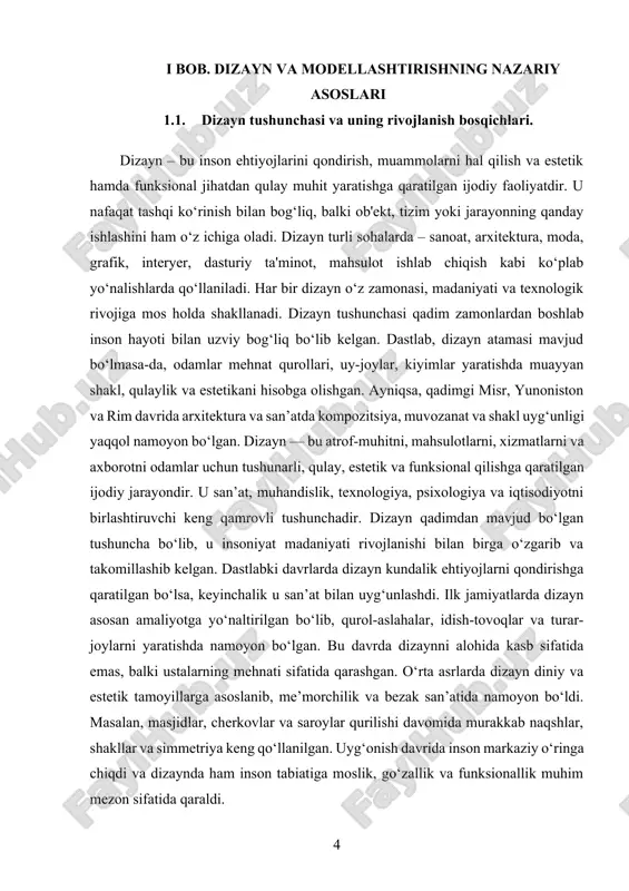 rqali axborotni ifodalash reklama, matbuot, brendingda keng qo‘llanadi raqamli dizayn bosqichi kompyuter grafikalari, ui/ux, veb-dizayn foydalanuvchi tajribasiga e’tibor kuchaydi innovatsion va interaktiv dizayn vr/ar, smart interfeyslar, ekologik dizayn texnologiyalarga moslashuvchan, zamonaviy yondashuvlar “shakl funksiyani kuzatadi” degan tamoyil asosida dizayn oddiy, qulay va maqsadga muvofiq bo‘lishi lozimligi ta’kidlandi. bu davrda bauhaus maktabi dizayn tarixida muhim o‘rin egalladi — bu maktabda san’at va texnologiya uyg‘unlashgan holda o‘qitildi. xx asr ikkinchi yarmida dizayn inson hayotining deyarli barcha jabhalariga kirib keldi. reklama, ommaviy axborot vositalari, transport vositalari, turar-joylar, kiyim-kechak, texnologik qurilmalar va hatto dasturiy ta'minotlar – bularning barchasi dizaynerlik yondashuvini talab qila boshladi. bu davrda dizaynerlar mahsulotni nafaqat chiroyli, balki foydalanuvchi uchun tushunarli va qulay qilishga harakat qilishdi. inson markazli dizayn (human-centered design) tushunchasi paydo bo‘ldi. kompyuter va raqamli texnologiyalar taraqqiyoti bilan dizayn butunlay yangi bosqichga o‘tdi. grafik dizayn, ux/ui dizayn, veb-dizayn, multimedia dizayni kabi sohalar paydo bo‘ldi. endilikda dizayn faqat shakl va ranglar …