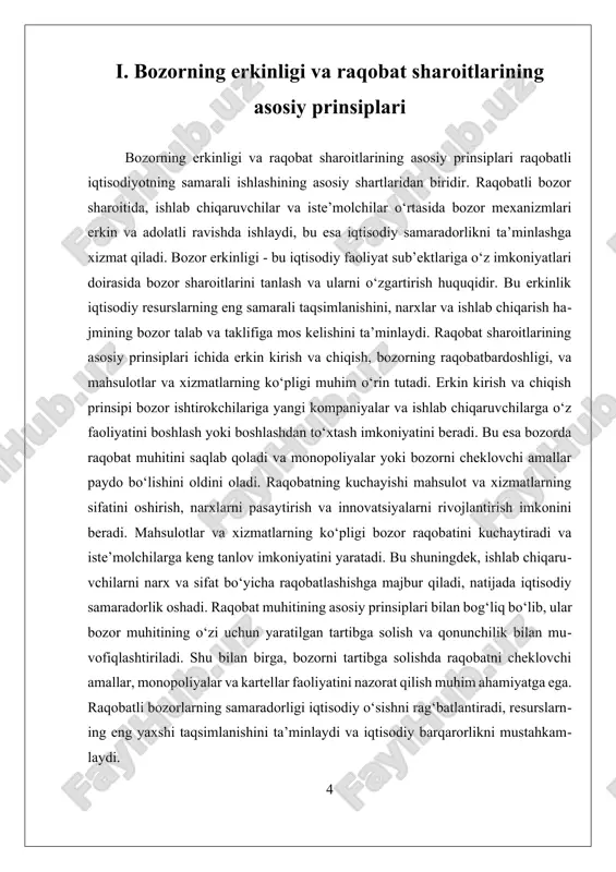 lish muhimdir. bu esa iqtisodiy rivojlanishni, innovatsiyalarni va aholining farovonligini ta’minlash uchun asosiy omil bo‘lib xizmat qiladi. bozorning erkinligi va raqobat sharoitlarining asosi bo‘lgan bu prinsiplarga amal qilish, iqtisodiy tizimning barqaror va samarali ishlashining kafolati hisoblanadi. ii. raqobatli bozorlarning samaradorligini oshirish usullari va amaliyoti raqobatli bozorlarning samaradorligini oshirish usullari va amaliyoti iqtisodiy rivojlanishning muhim omilidir. raqobat sharoitida bozorlar resurslarni eng samarali tarzda taqsimlash, mahsulot va xizmatlarning sifatini oshirish hamda narxlarni raqobatbardosh qilish imkoniyatiga ega bo‘ladi. bu jarayonlar iqtisodiyotda erkin raqobat muhitini yaratish va uni saqlash bilan bog‘liq bo‘lib, ular orqali bozor samaradorligi oshirilib, iqtisodiy o‘sishga turtki bo‘lishi mumkin. birinchidan, bozor erkinligini ta'minlash muhimdir. bu erda davlatning aralashuvi minimal bo‘lib, raqobatni cheklovchi va monopoliyalarga yo‘l qo‘ymaydigan tartibga solish choralari amalga oshiriladi. bozor erkinligini ta'minlash uchun monopoliyalar va raqobatni cheklovchi amallarni oldini olish, me’yoriy hujjatlarni takomillashtirish va raqobat muhitini nazorat qilish muhim ahamiyatga ega. bunday choralar bozorning tabiiy ravishda raqobatga asoslangan ishlashini …