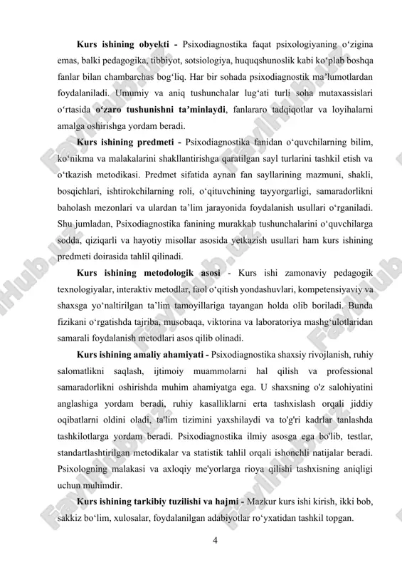 hdir. bu jarayon orqali insonning ruhiy salomatligi, intellektual qobiliyatlari, shaxsiy xususiyatlari, motivatsiyasi va emotsional barqarorligi aniqlanadi. masalan, klinik psixologiyada psixodiagnostika ruhiy kasalliklarni aniqlash va davolash rejasini ishlab chiqishda yordam beradi. ta'lim sohasida esa o'quvchilarning o'quv qobiliyatlari, diqqat darajasi va o'rganishdagi muammolarini aniqlashda qo'llaniladi. shuningdek, psixodiagnostika professional sohada xodimlarni tanlash, ularning ish faoliyatiga mosligini baholashda ham muhim rol o'ynaydi. umuman olganda, psixodiagnostika shaxsning o'zini o'zi anglashi, o'z salohiyatini ro'yobga chiqarishi va hayotda muvaffaqiyatli bo'lishi uchun muhim ma'lumotlar beradi. psixodiagnostikaning vazifalari ko'p qirrali bo'lib, ular orasida eng muhimlari quyidagilardan iborat. birinchidan, shaxsning psixologik holatini tashxislash va uning xususiyatlarini aniqlash. bu jarayon psixologik testlar, suhbatlar, kuzatish va boshqa metodlar yordamida amalga oshiriladi. ikkinchidan, shaxsning muayyan sohada muvaffaqiyat qozonish imkoniyatlarini bashorat qilish. masalan, ta'lim sohasida o'quvchilarning muayyan fanlarga qobiliyatini aniqlash yoki ish joyida xodimning vazifalarni bajarish qobiliyatini baholash. uchinchidan, psixodiagnostika shaxsning psixologik muammolarini aniqlash va ularga yechim topishda yordam beradi. masalan, depressiya, tashvish yoki …